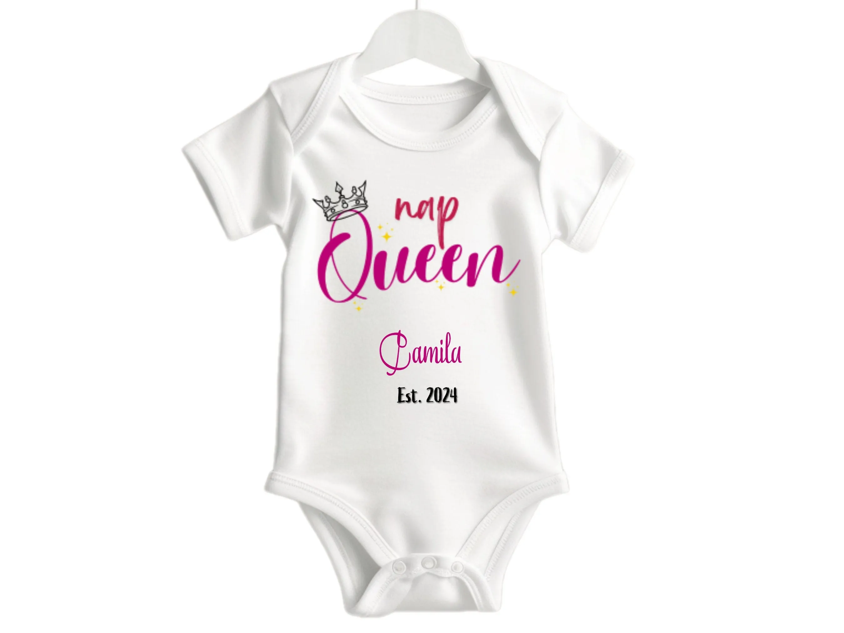 Baby Girl's Custom Name & Date Bodysuit With Text Nap Queen