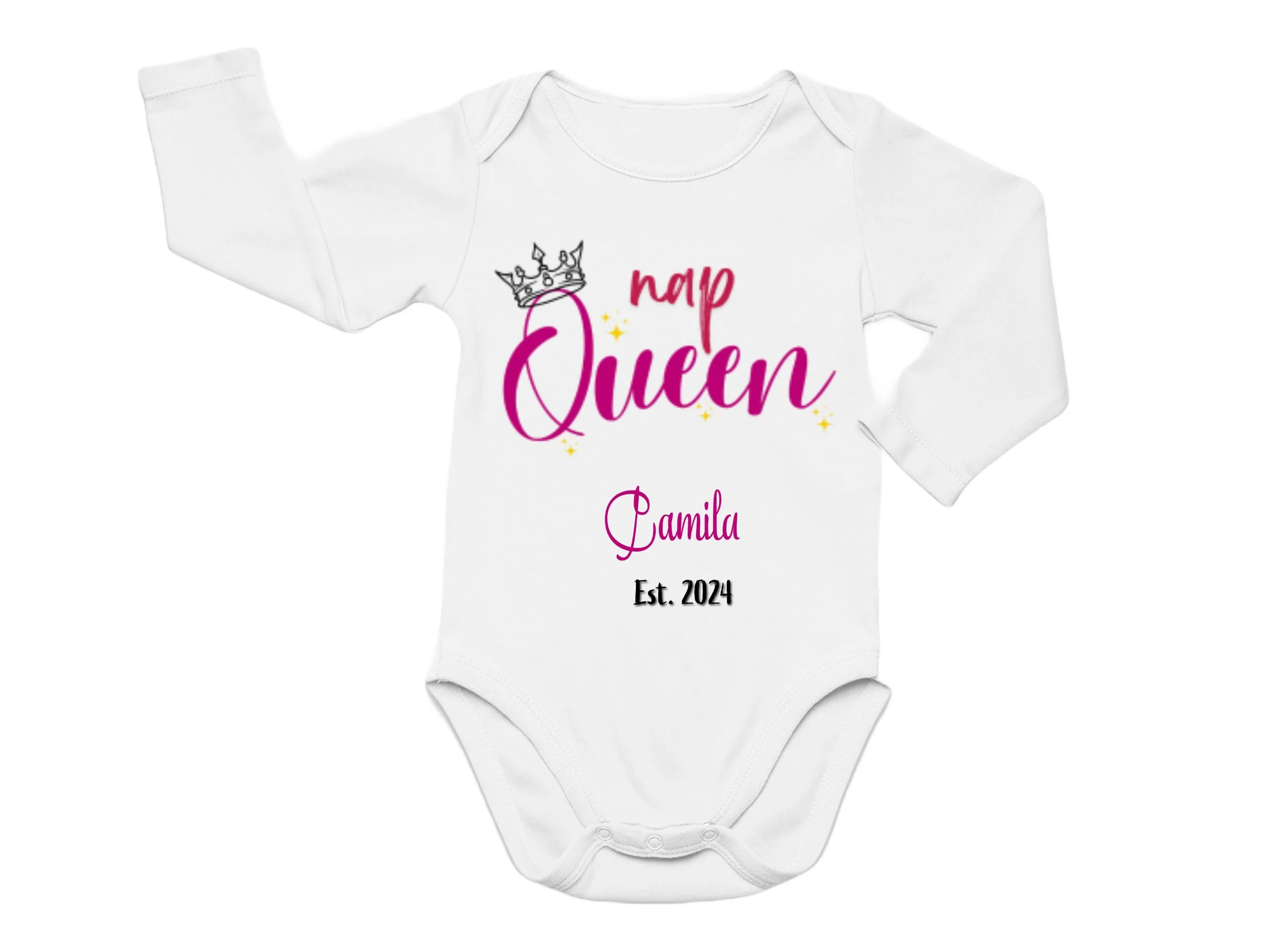 Baby Girl's Custom Name & Date Bodysuit With Text Nap Queen