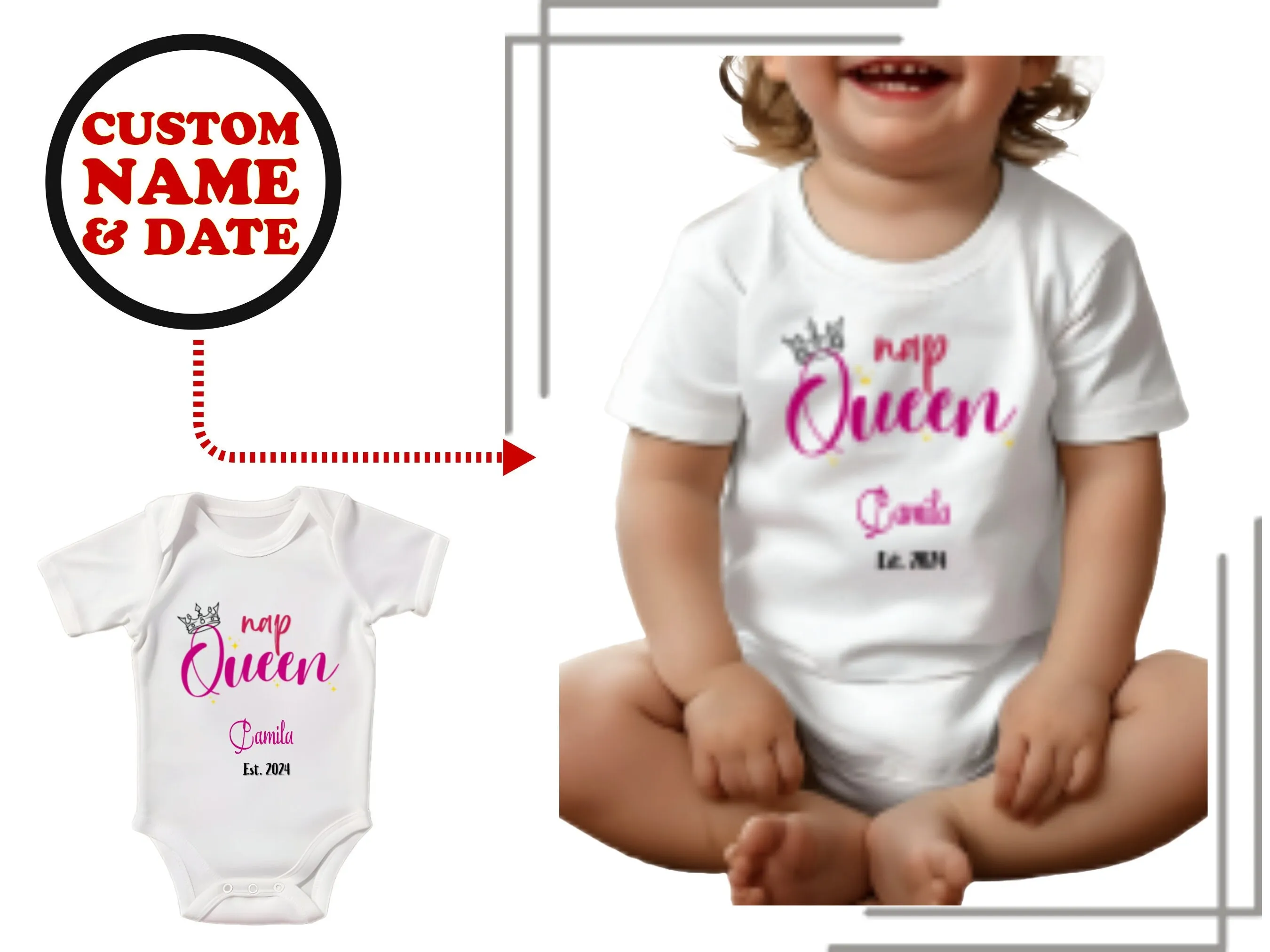 Baby Girl's Custom Name & Date Bodysuit With Text Nap Queen