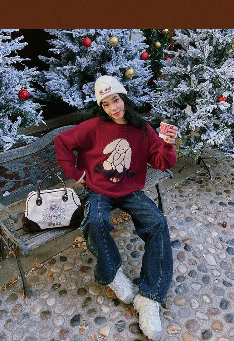 Beerbro Fresh Bunny Solid Embroidery Color Long Sleeve Sweater