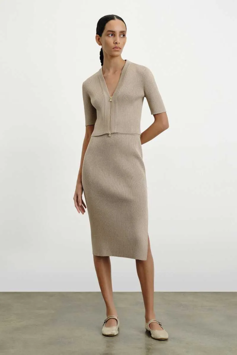 Beige Midi Skirt with Slit Detail