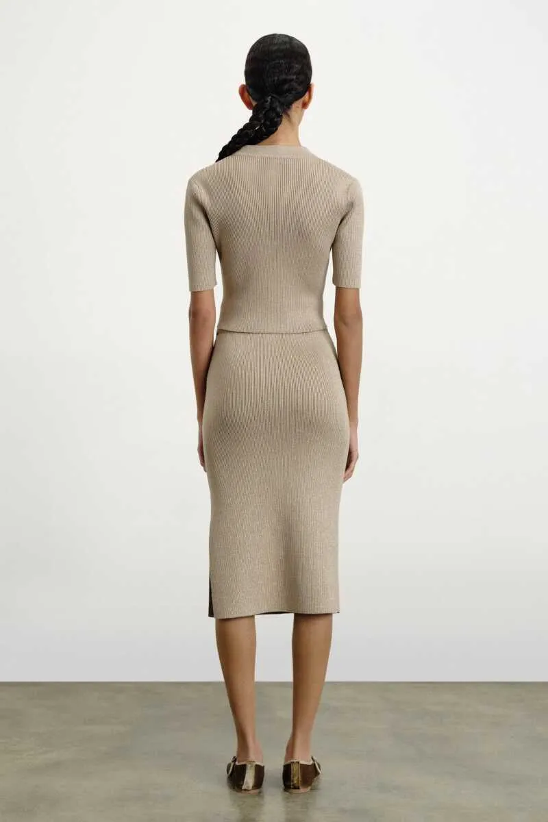 Beige Midi Skirt with Slit Detail