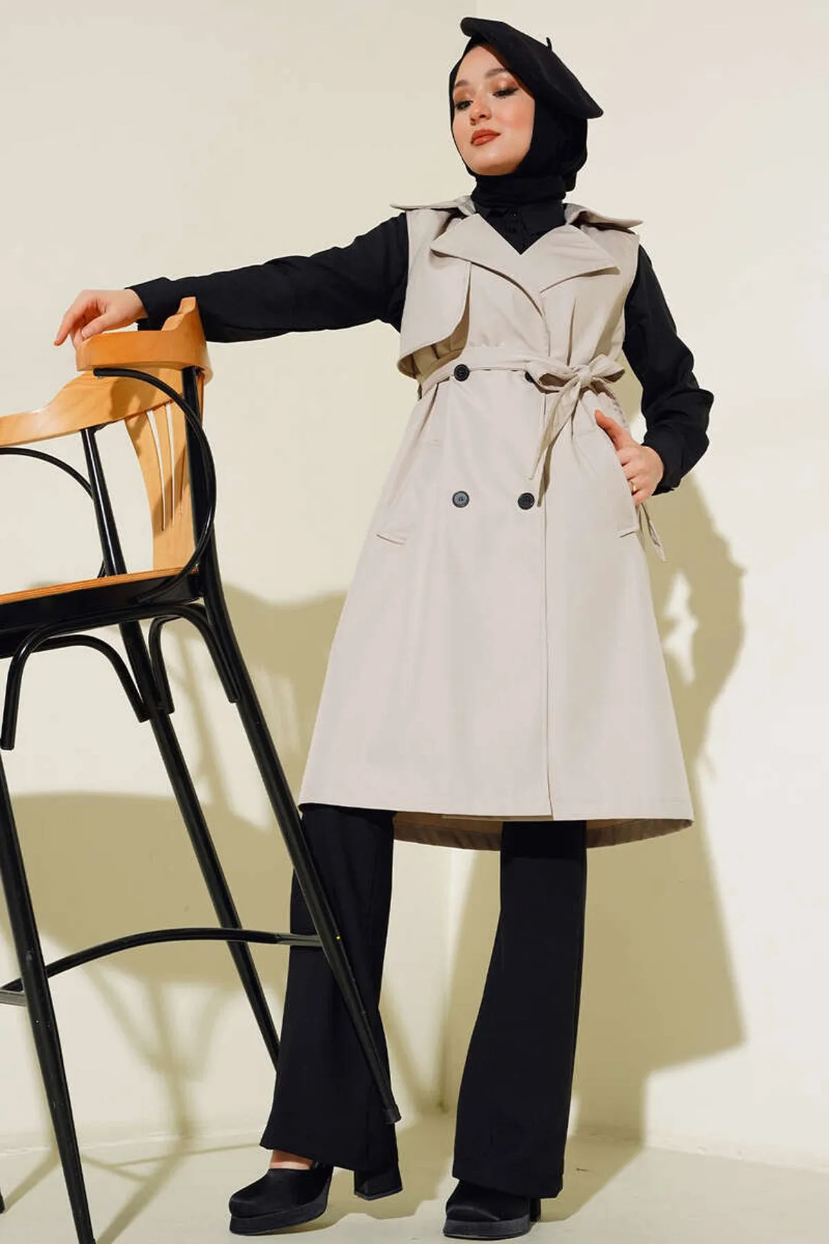 BGD Women Double-Breasted Trench Coat Vest - Beige - Târgovişte