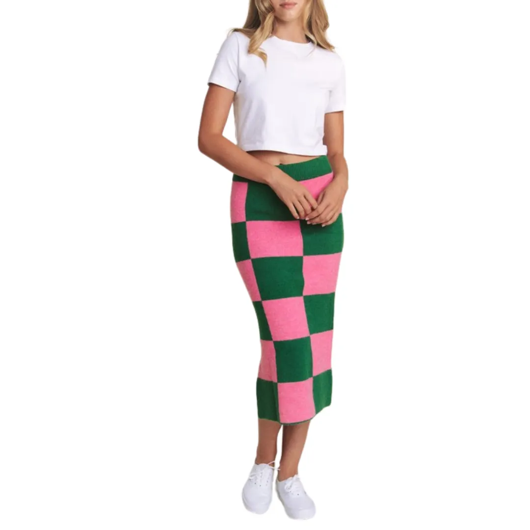 Big Checkered Past Knit Pencil Midi Skirt w/ Side Slit