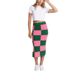 Big Checkered Past Knit Pencil Midi Skirt w/ Side Slit