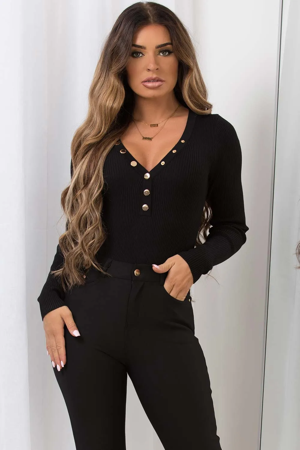 Black Long Sleeve Bodysuit With Gold Buttons