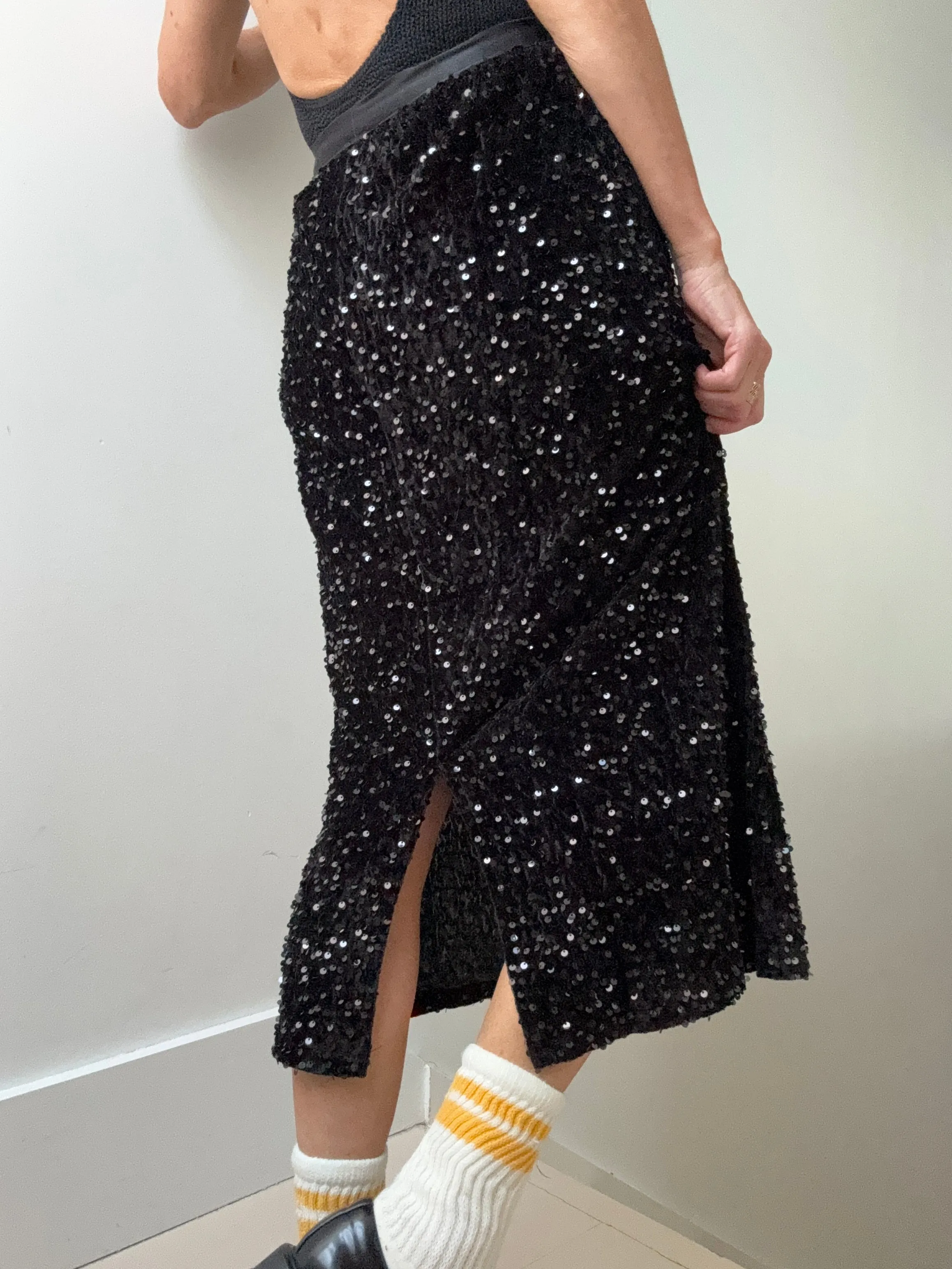 Black on Black Sequin Midi Skirt