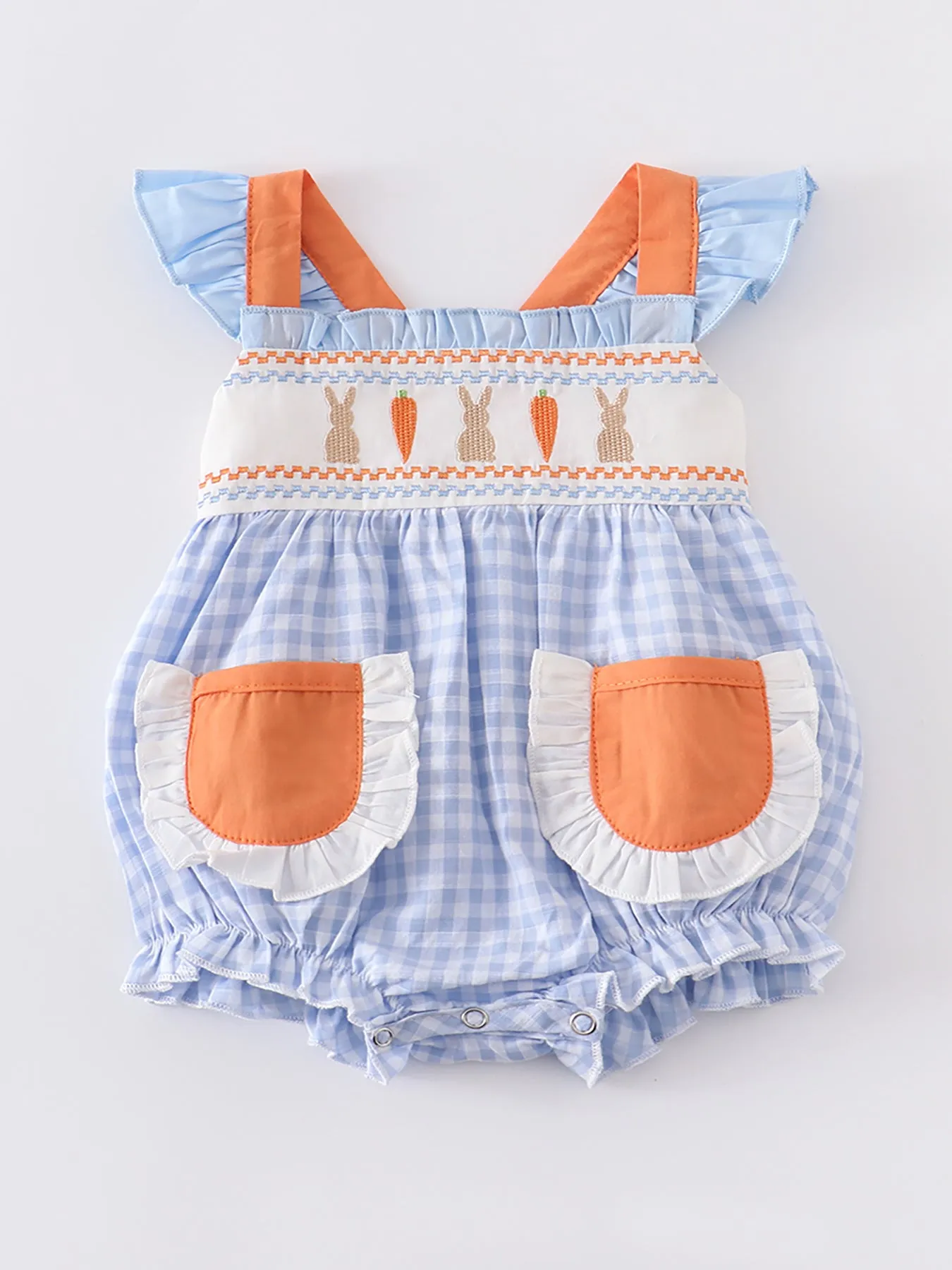 Blue Plaid Easter Rabbit Applique Ruffle Baby Romper