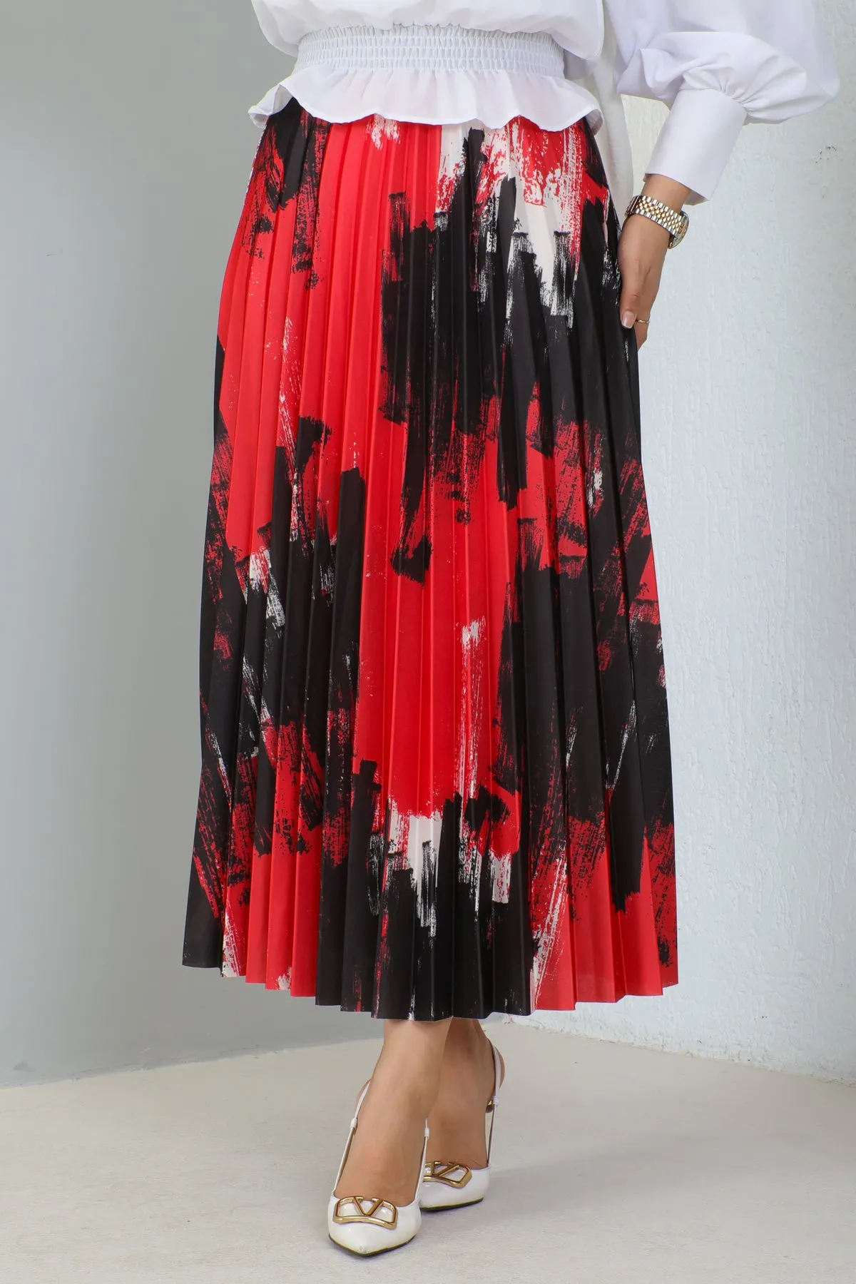BNG Women Patterned Pleated Hijab Skirt Red - Clermont