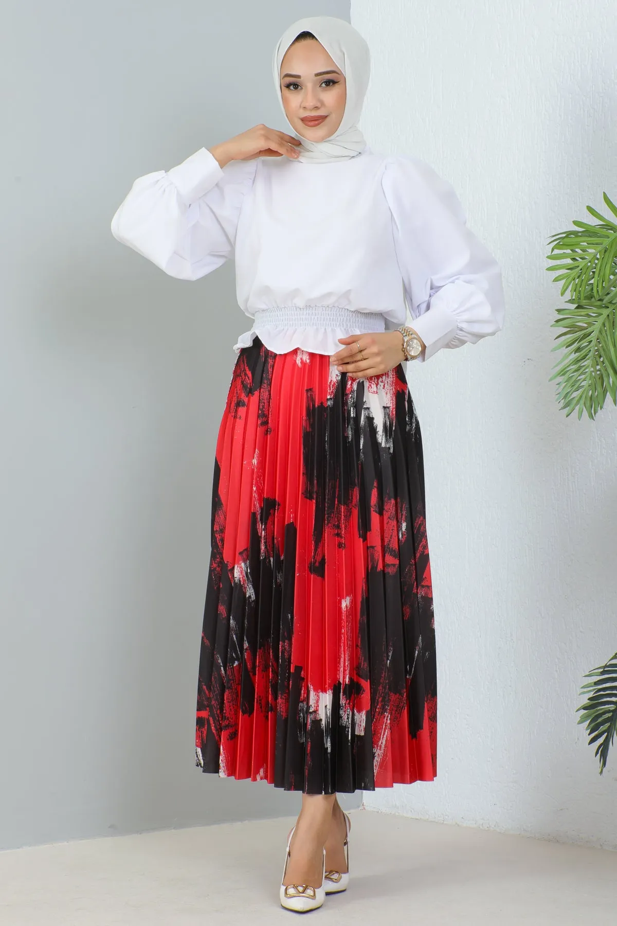 BNG Women Patterned Pleated Hijab Skirt Red - Clermont