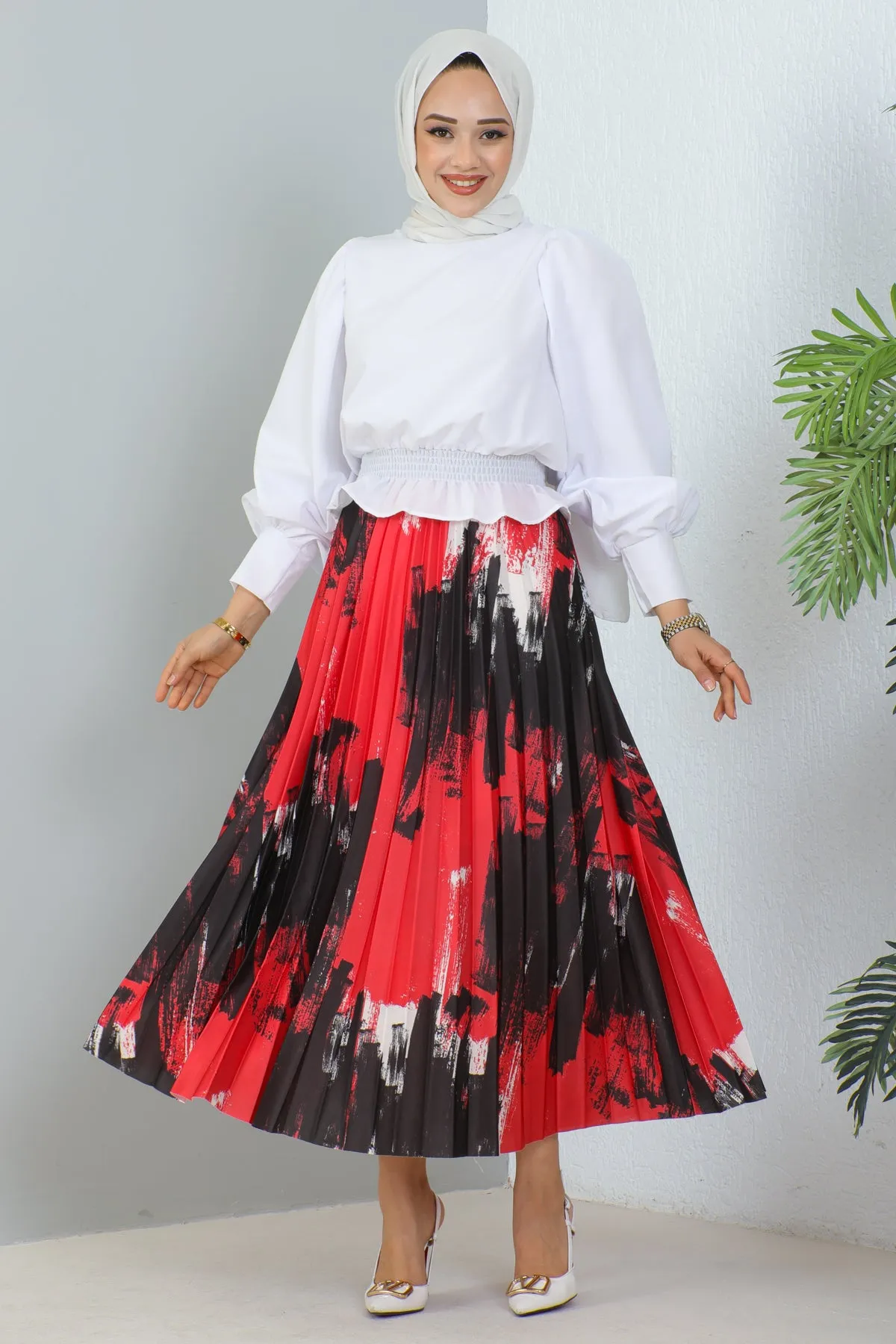 BNG Women Patterned Pleated Hijab Skirt Red - Clermont