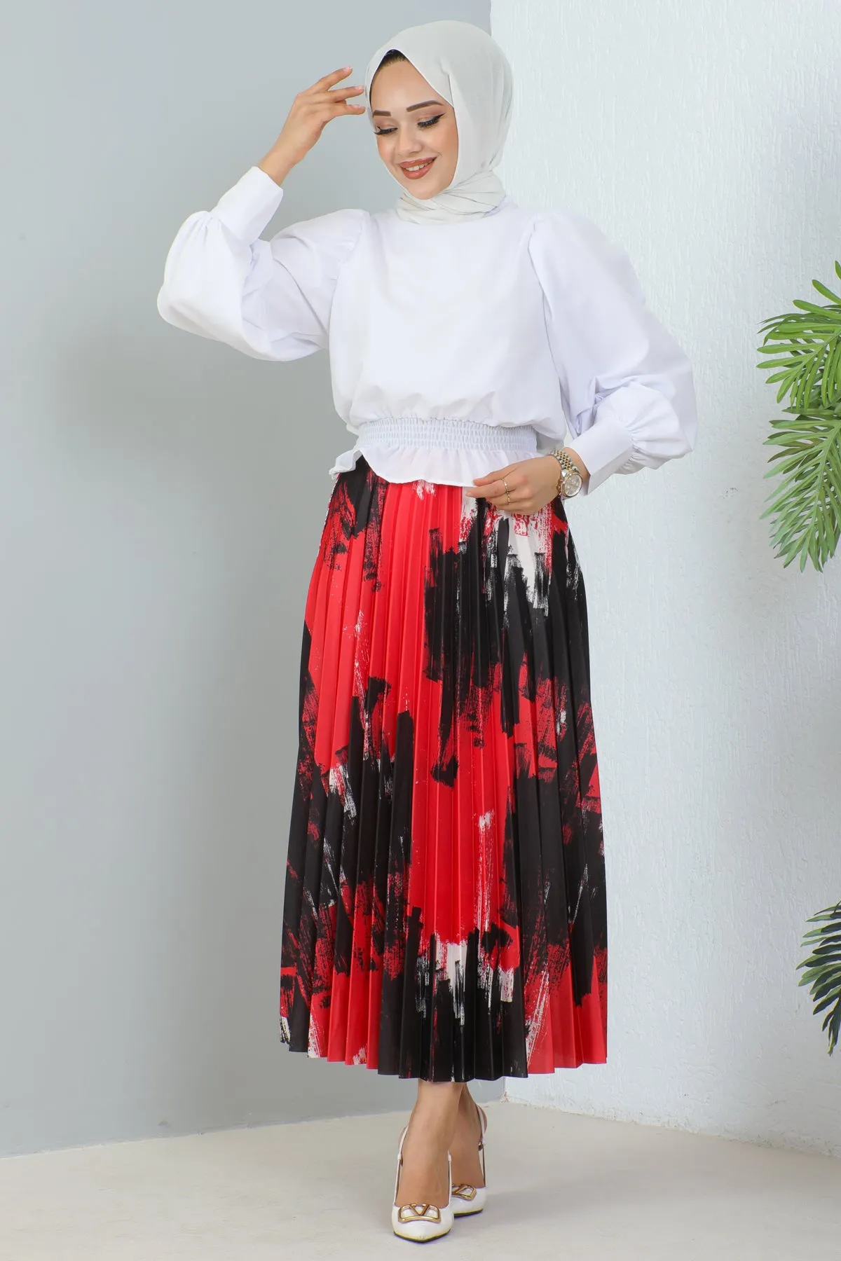 BNG Women Patterned Pleated Hijab Skirt Red - Clermont
