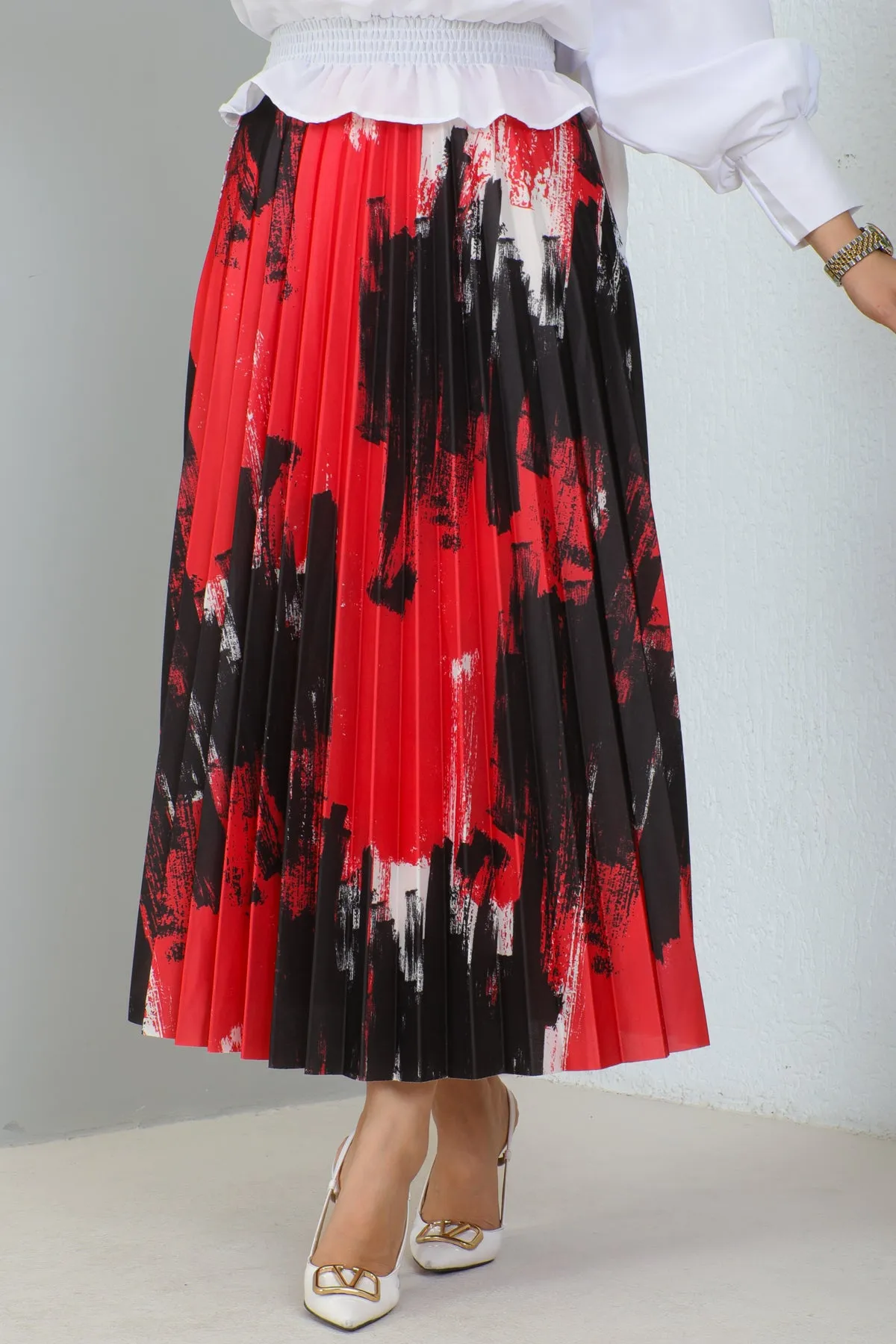 BNG Women Patterned Pleated Hijab Skirt Red - Clermont