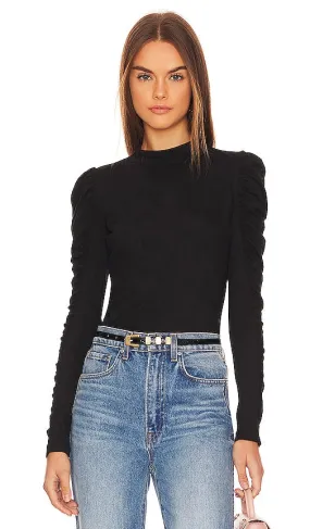 Bobi Shirred Sleeve Turtleneck Top in Black
