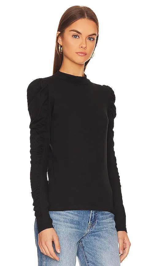 Bobi Shirred Sleeve Turtleneck Top in Black