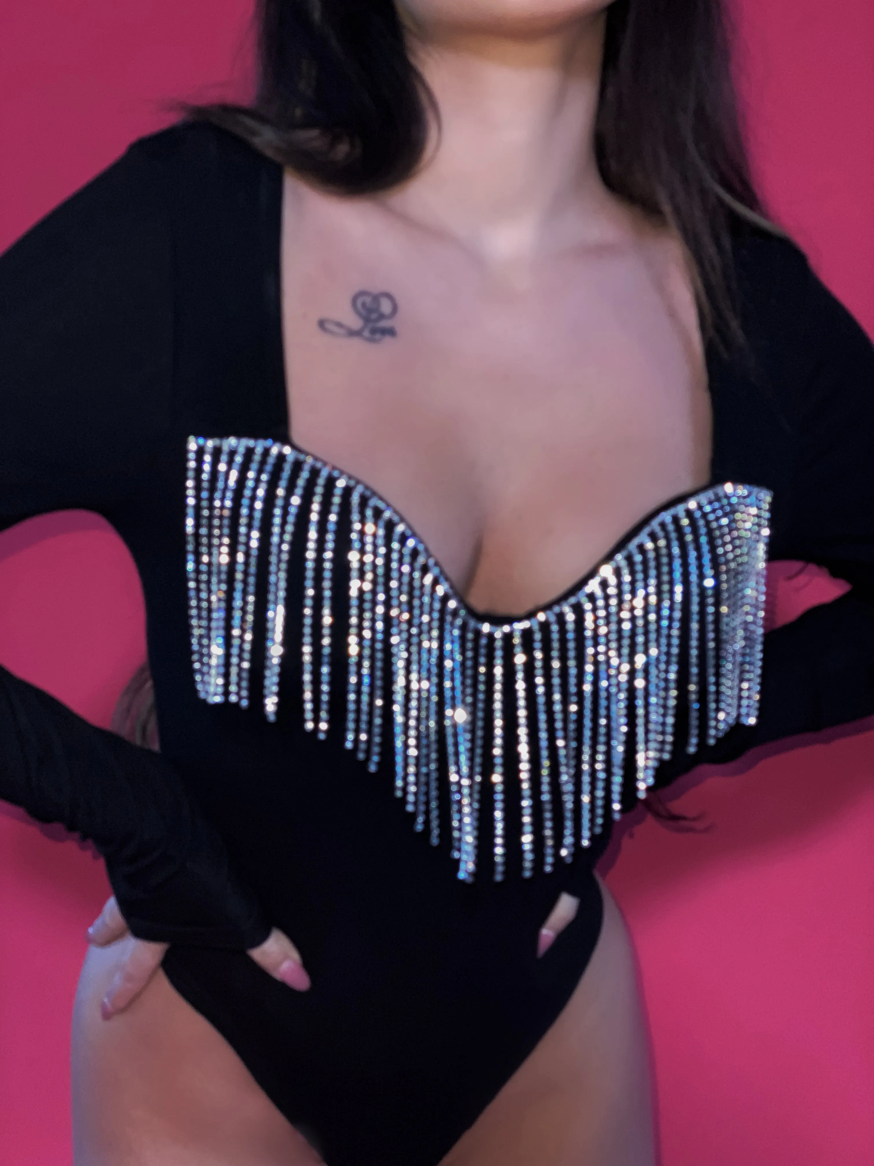 Body 'Luxury Tessel' - Body dama, negru, cu maneca lunga si detalii din strasuri