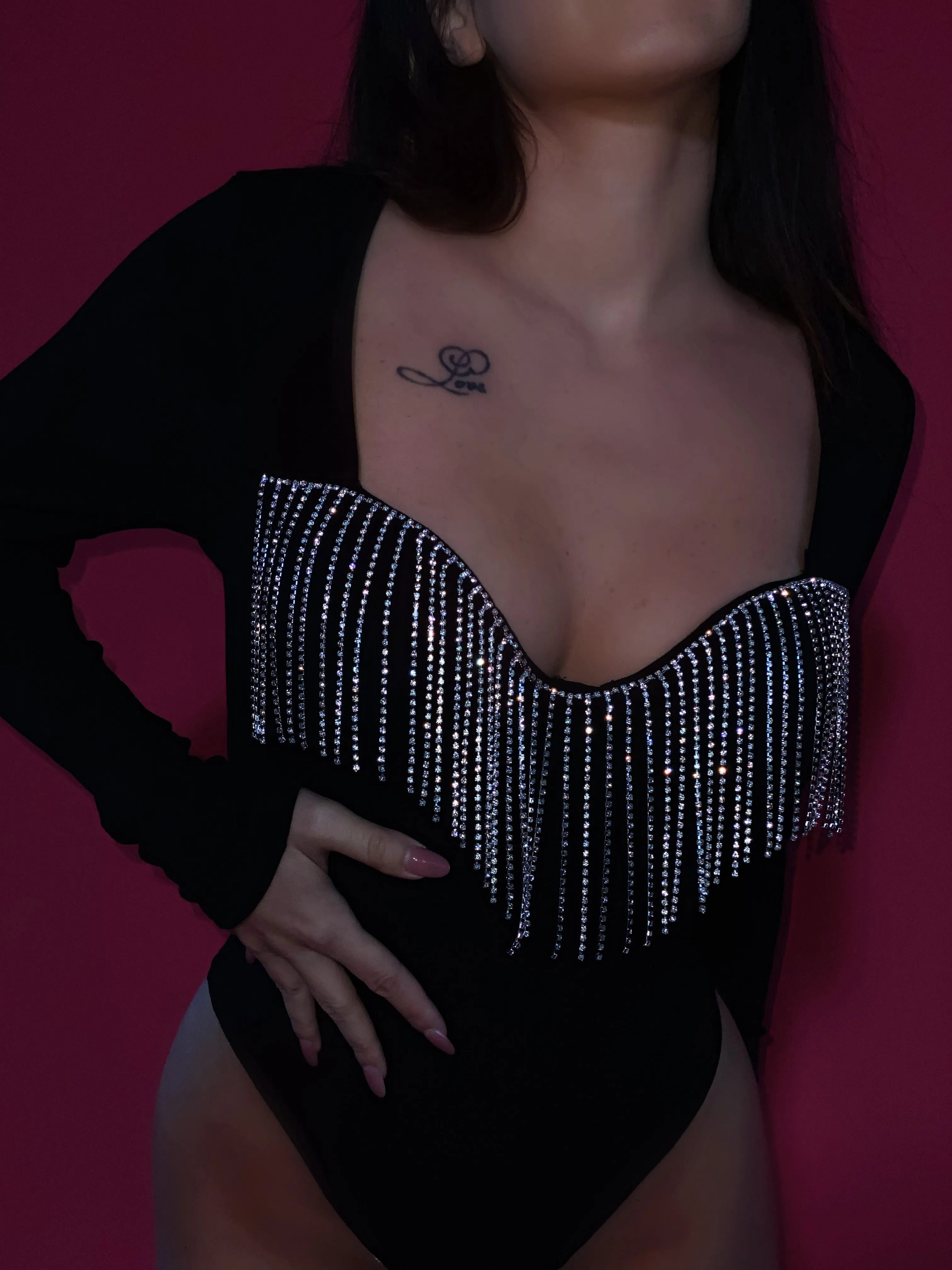 Body 'Luxury Tessel' - Body dama, negru, cu maneca lunga si detalii din strasuri