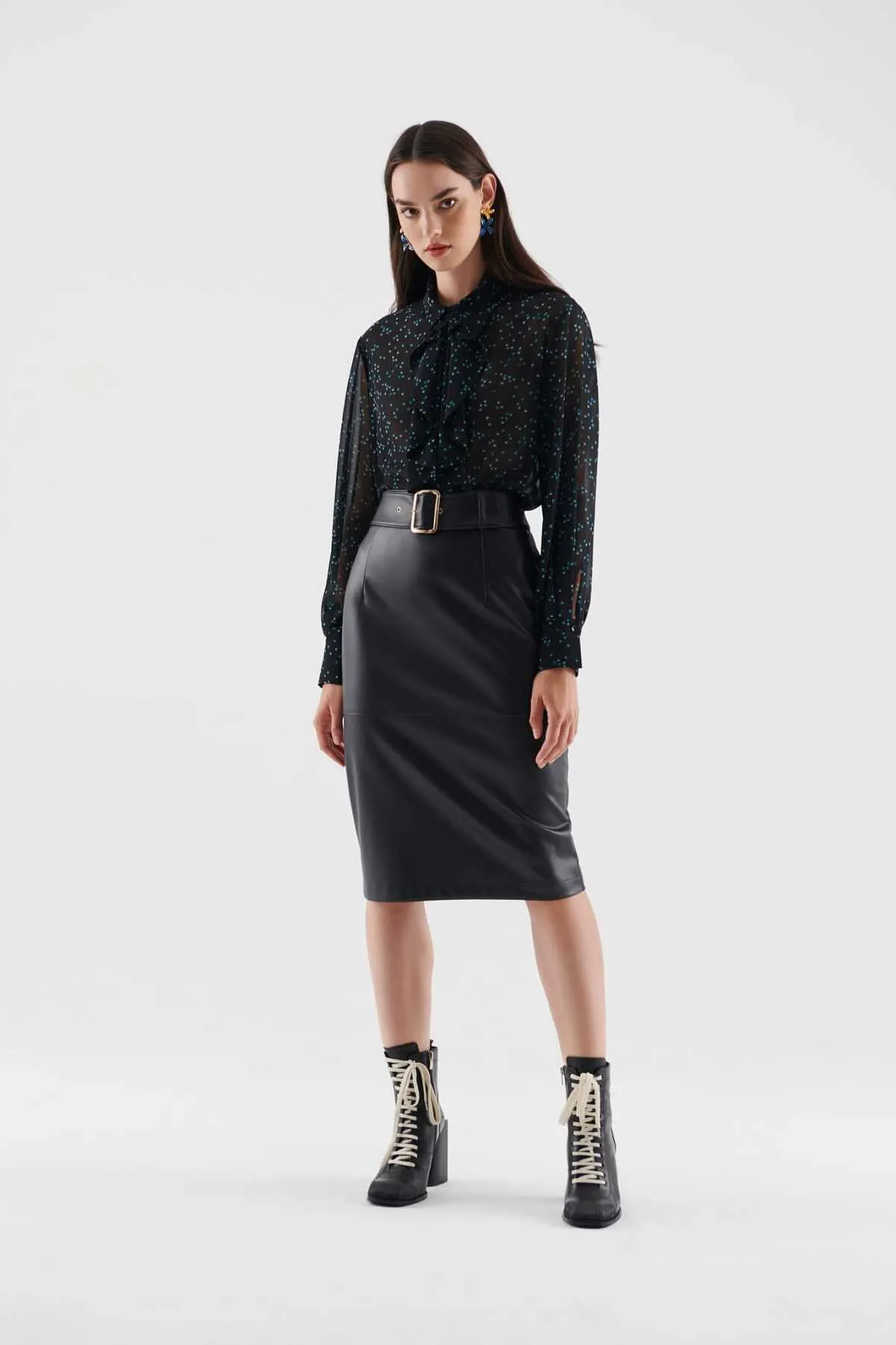 Buckle Faux Leather Midi Skirt Black