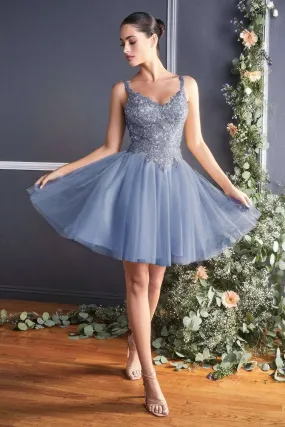 CD 9239 - Short A-Line Homecoming Dress with Glitter Embellished V-Neck Bodice & Layered Tulle Skirt