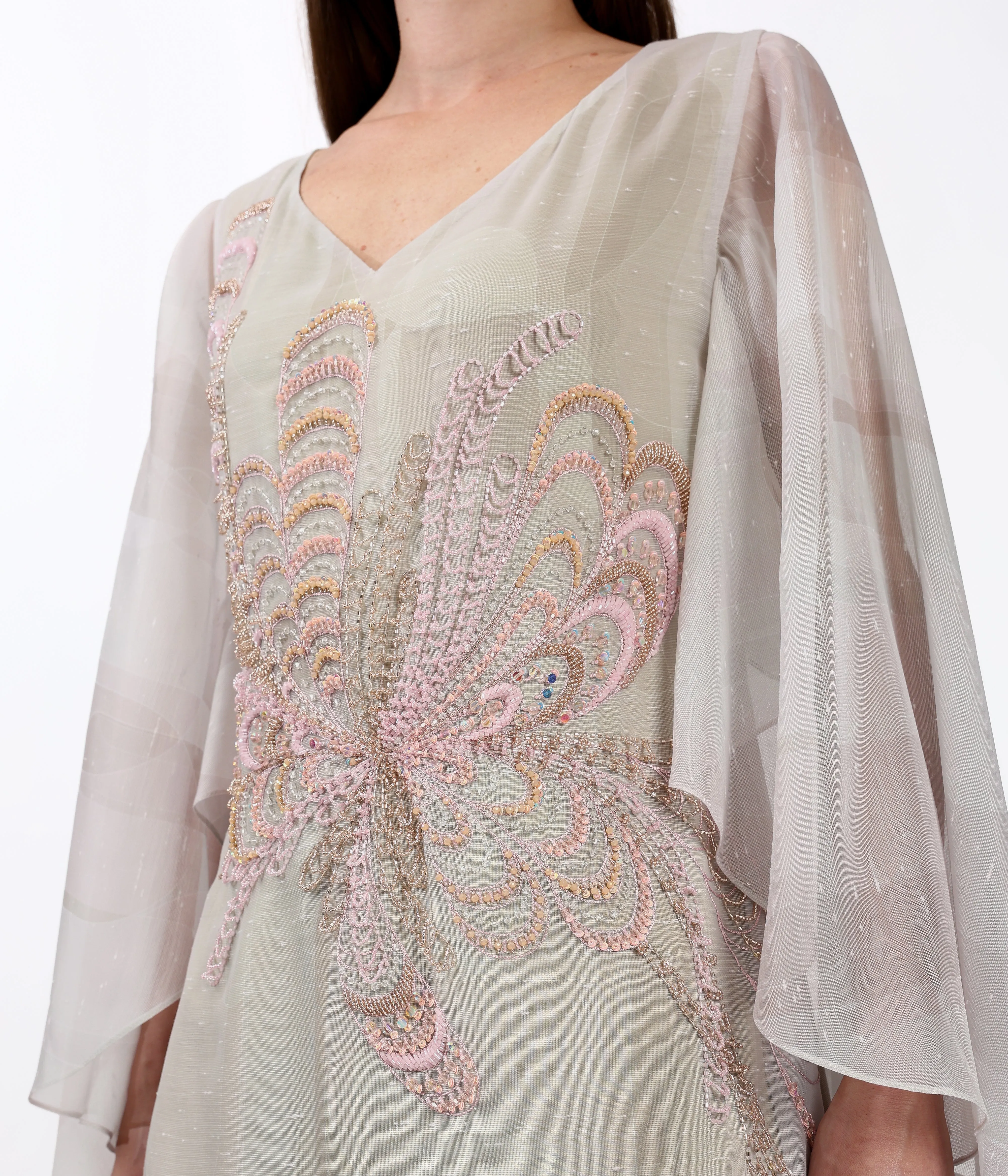 Custom Print Butterfly-Inspired Embellished Cape Dress