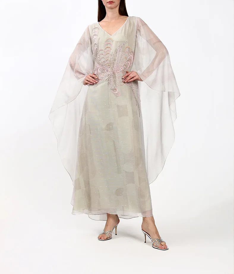 Custom Print Butterfly-Inspired Embellished Cape Dress