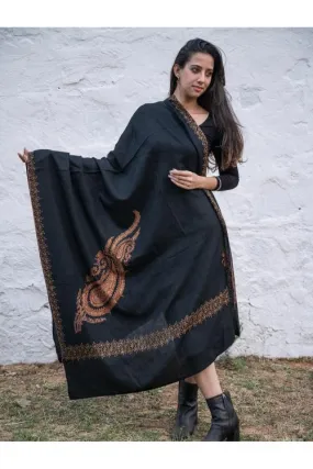 Exclusive, Fine Hand Embroidered Kashmiri Shawl - Black Paisleys