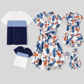 Family Matching Allover Floral Print Notched Neckline Belted Dresses and Cotton Colorblock Short-sleeve T-shirts Sets
