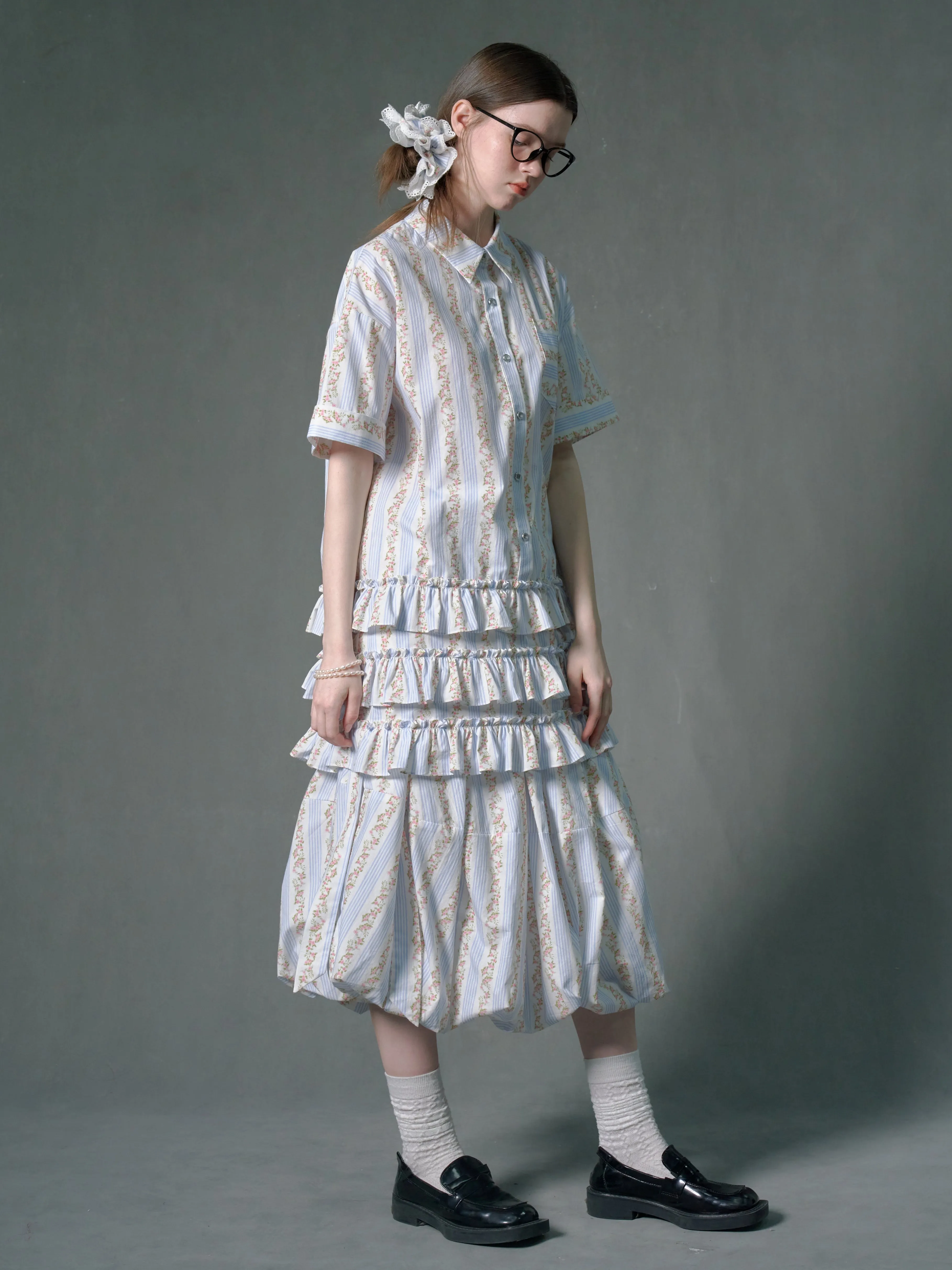 Floral Striped Lantern Fluffy Skirt