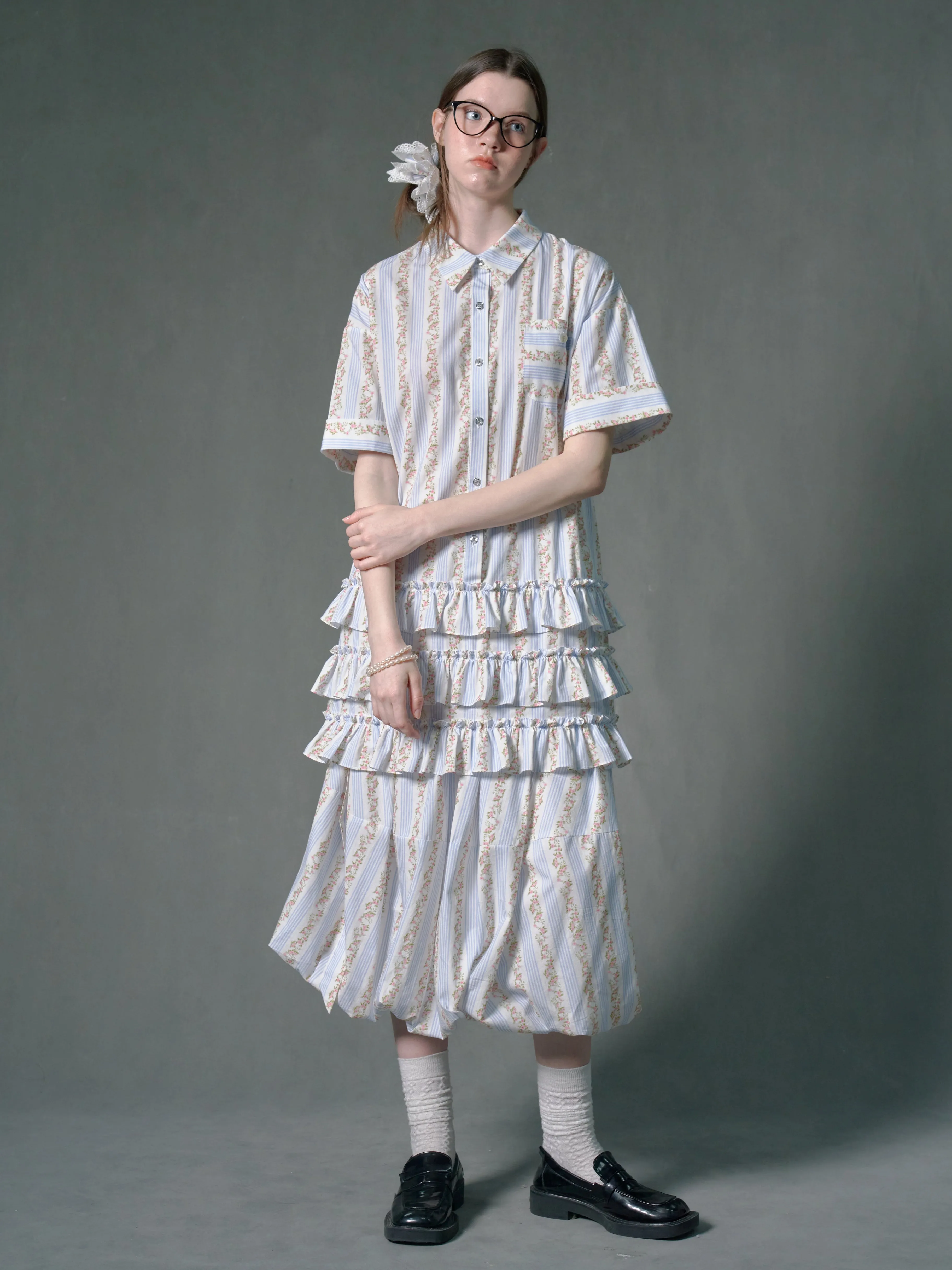 Floral Striped Lantern Fluffy Skirt
