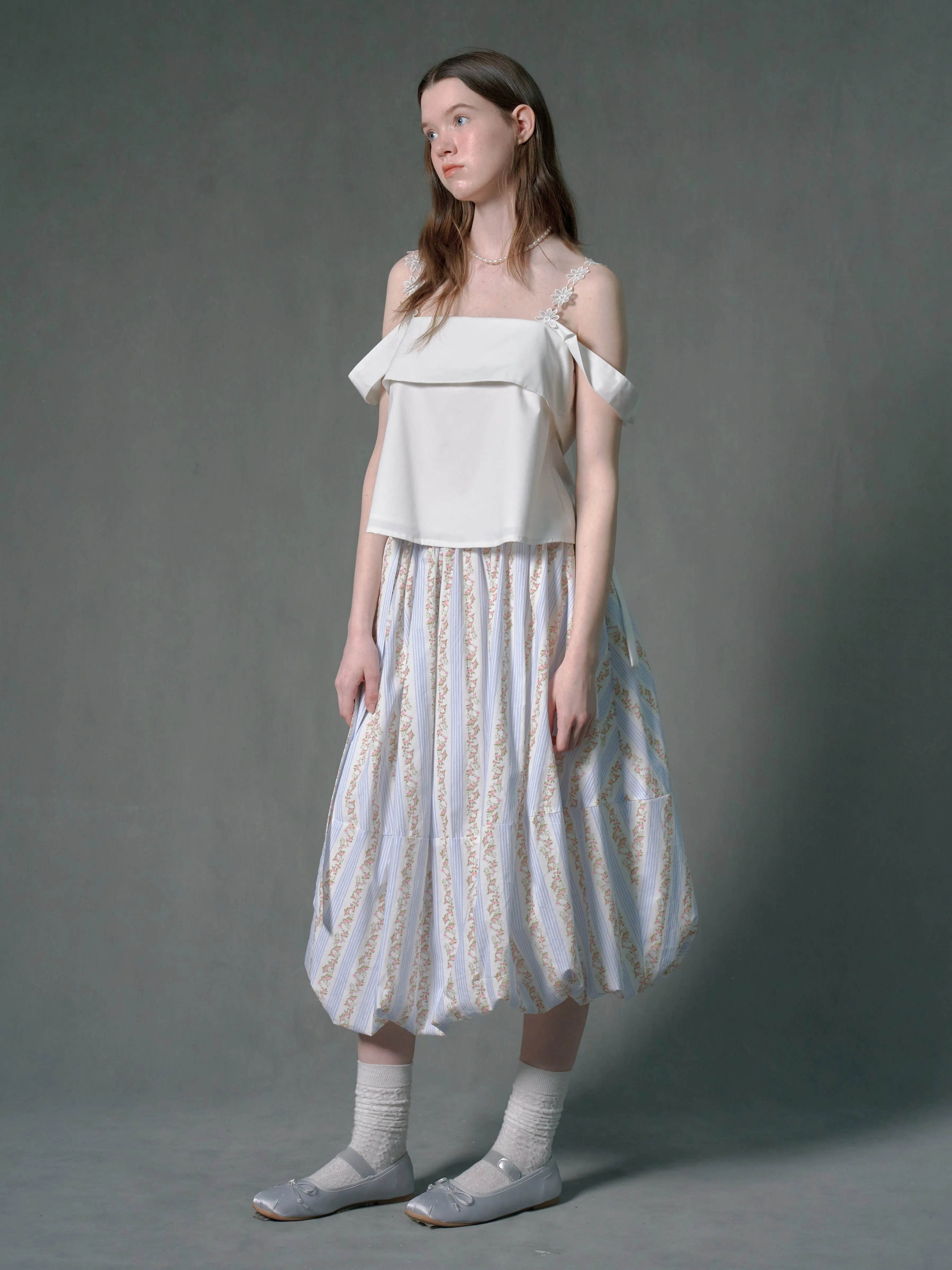 Floral Striped Lantern Fluffy Skirt