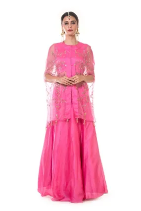 Fuchsia Pink Blouse & Lehenga Set with an Hand Embroidered Cape