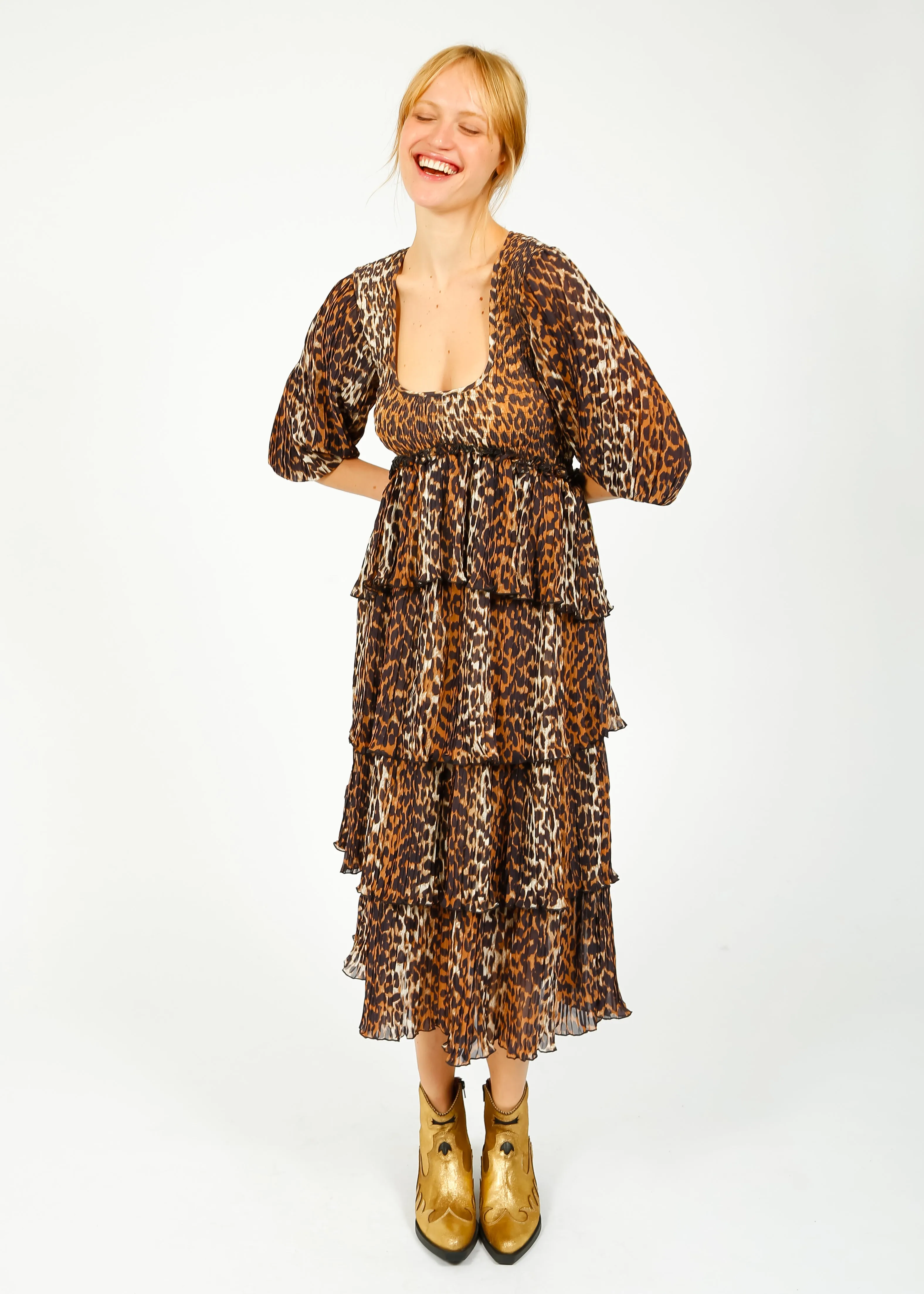GANNI F8830 Leopard Flounce Smock Midi Dress