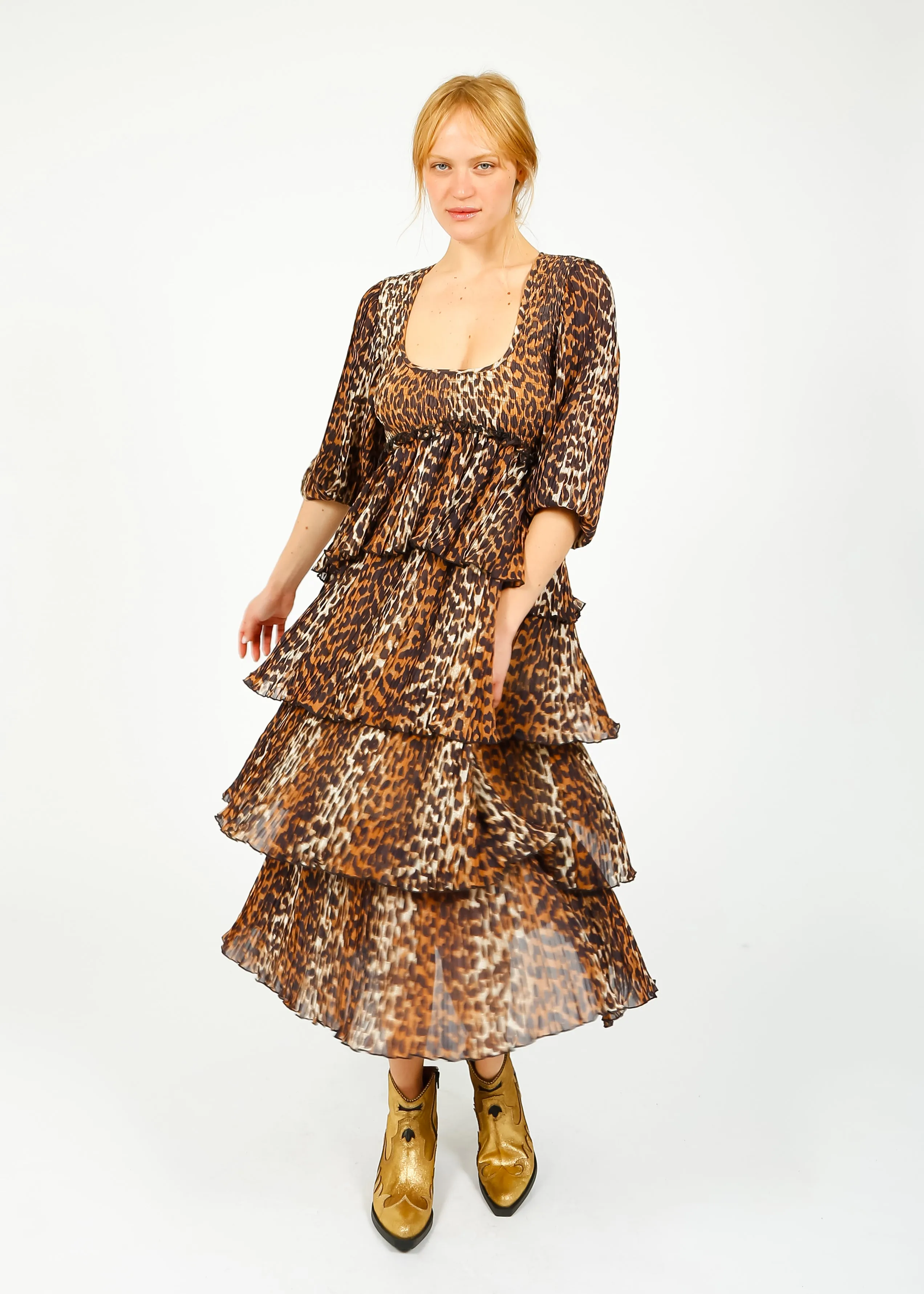 GANNI F8830 Leopard Flounce Smock Midi Dress