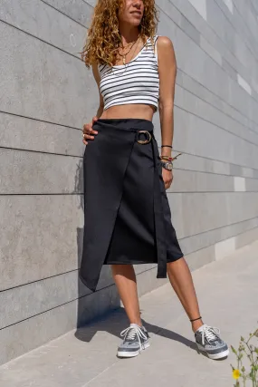 GNS Woman Black Waist Elastic Asymmetric Cut Buckled Knee Length Skirt BST700-3566 - Little Elm