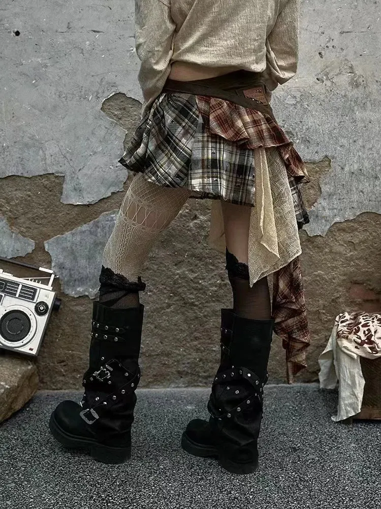 Goblincore Layered Plaid Skirt Y2K Irregular Mini Skirt