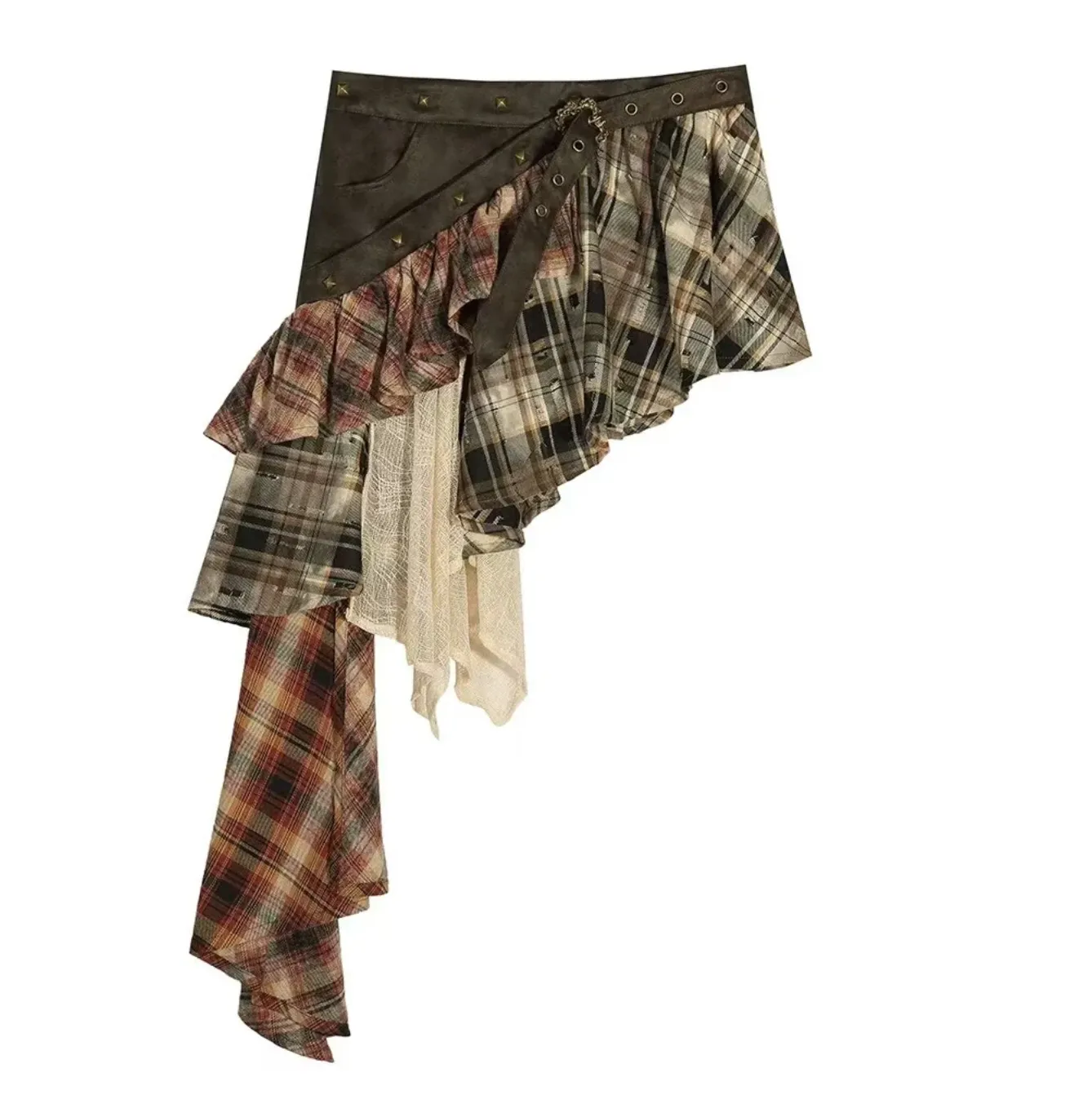 Goblincore Layered Plaid Skirt Y2K Irregular Mini Skirt