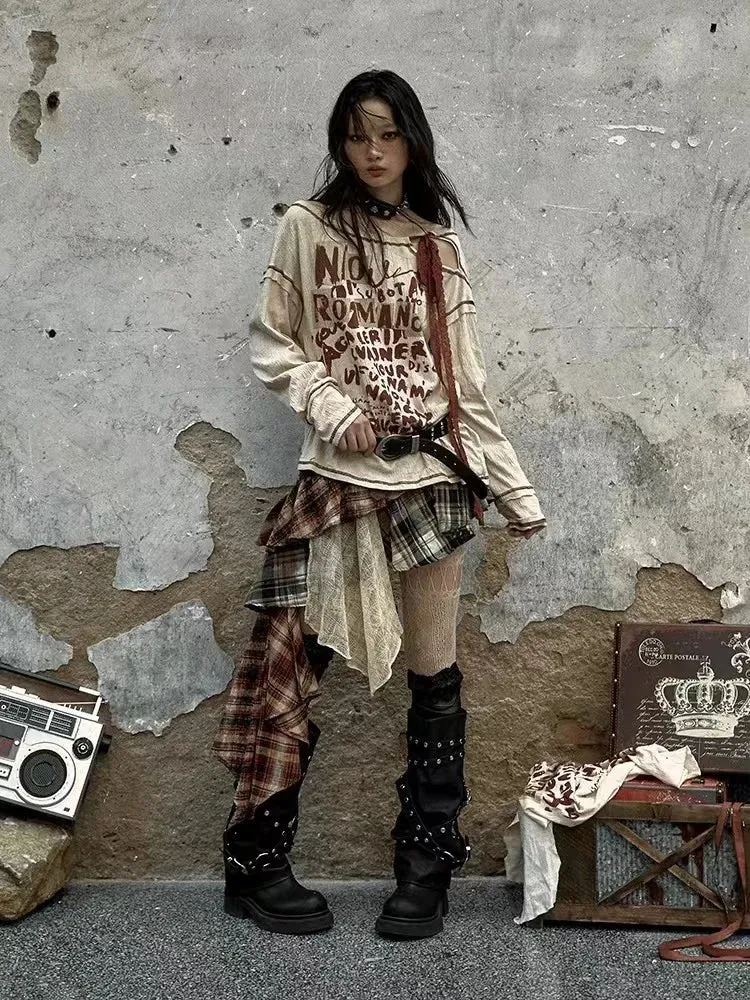Goblincore Layered Plaid Skirt Y2K Irregular Mini Skirt