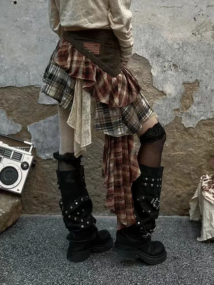 Goblincore Layered Plaid Skirt Y2K Irregular Mini Skirt