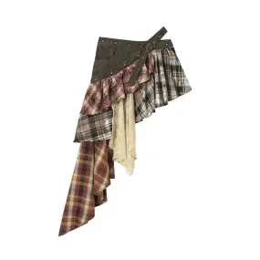 Goblincore Layered Plaid Skirt Y2K Irregular Mini Skirt