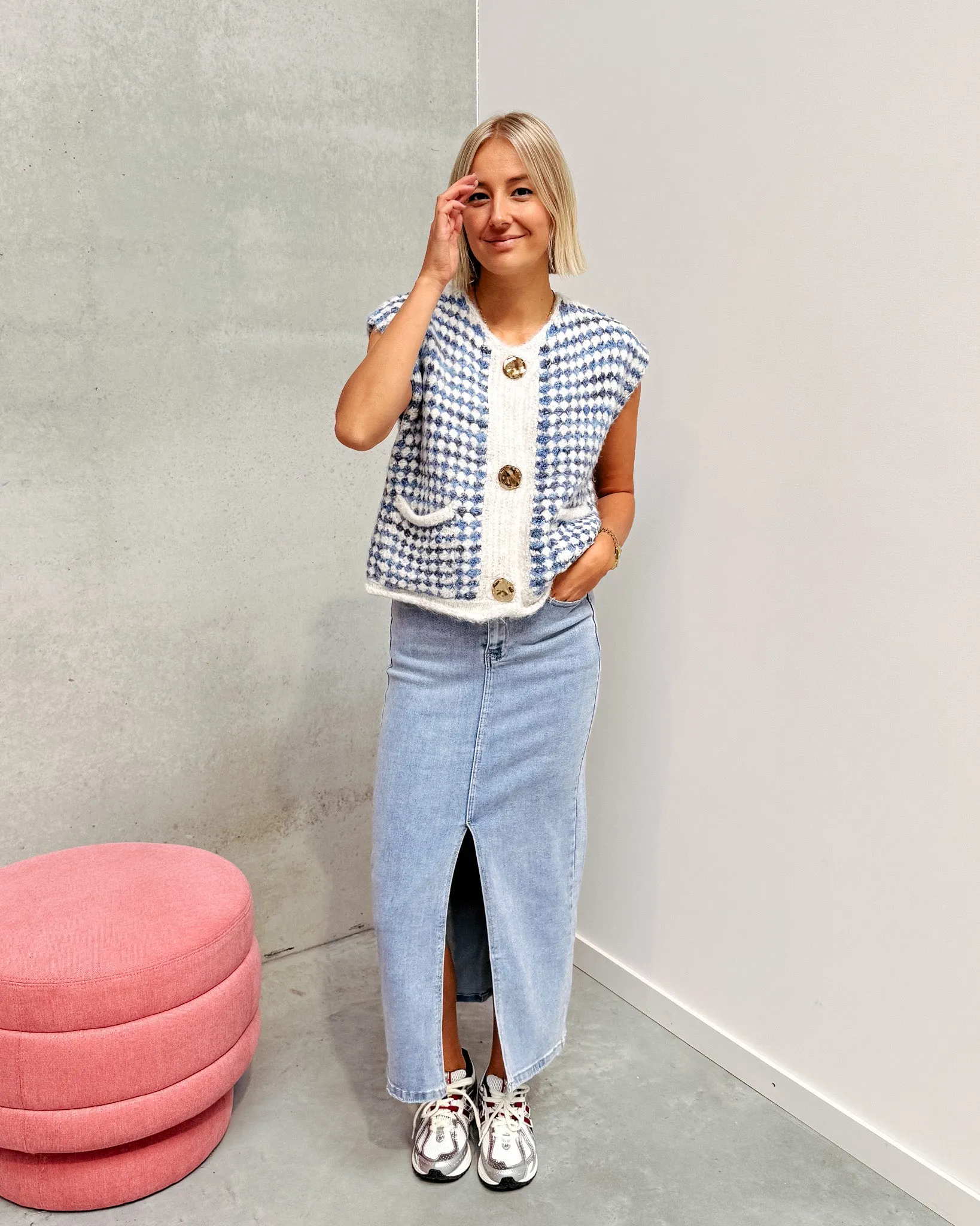 GOLD BUTTON GILET - BLUE/WHITE