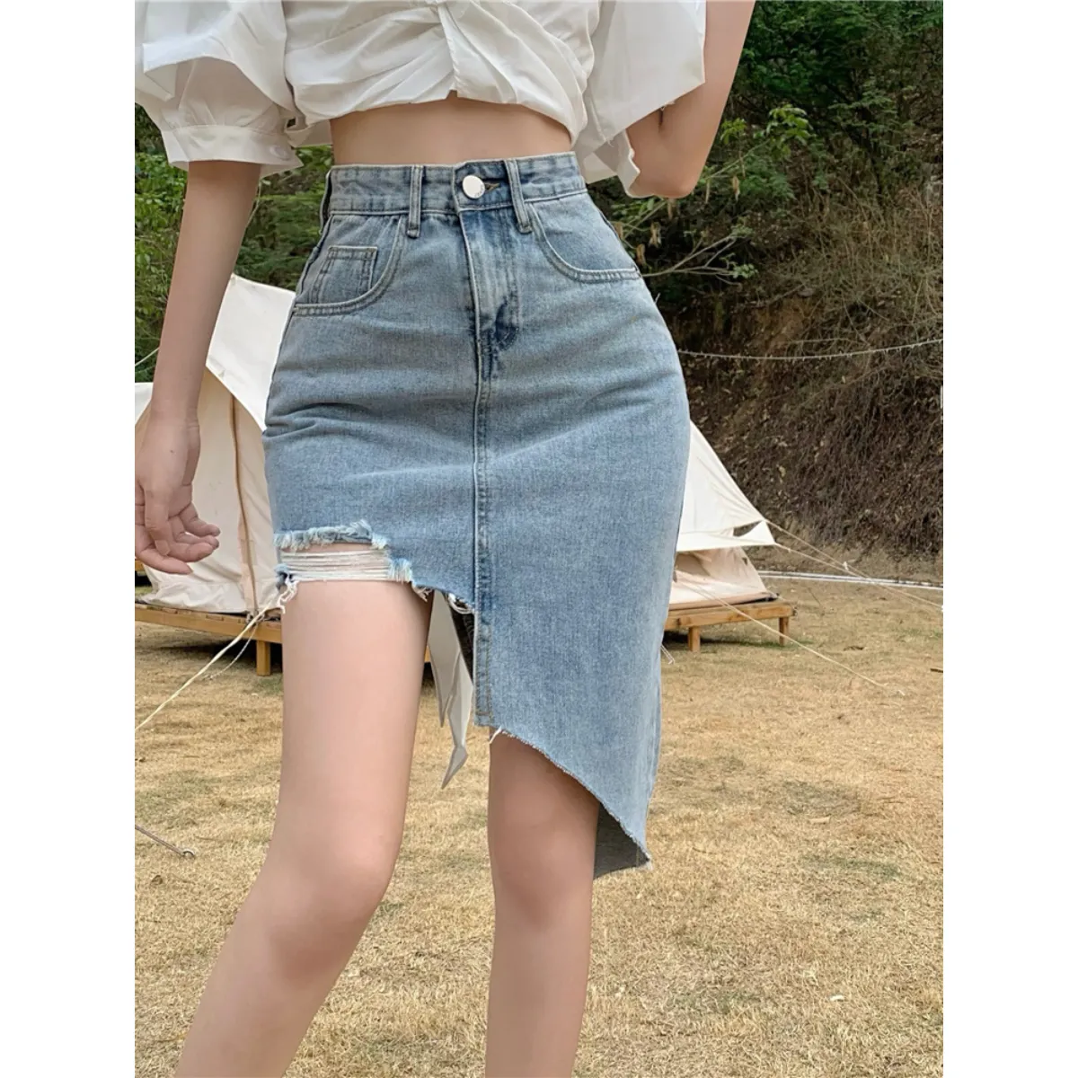 Irregular High Waist Denim Skirt