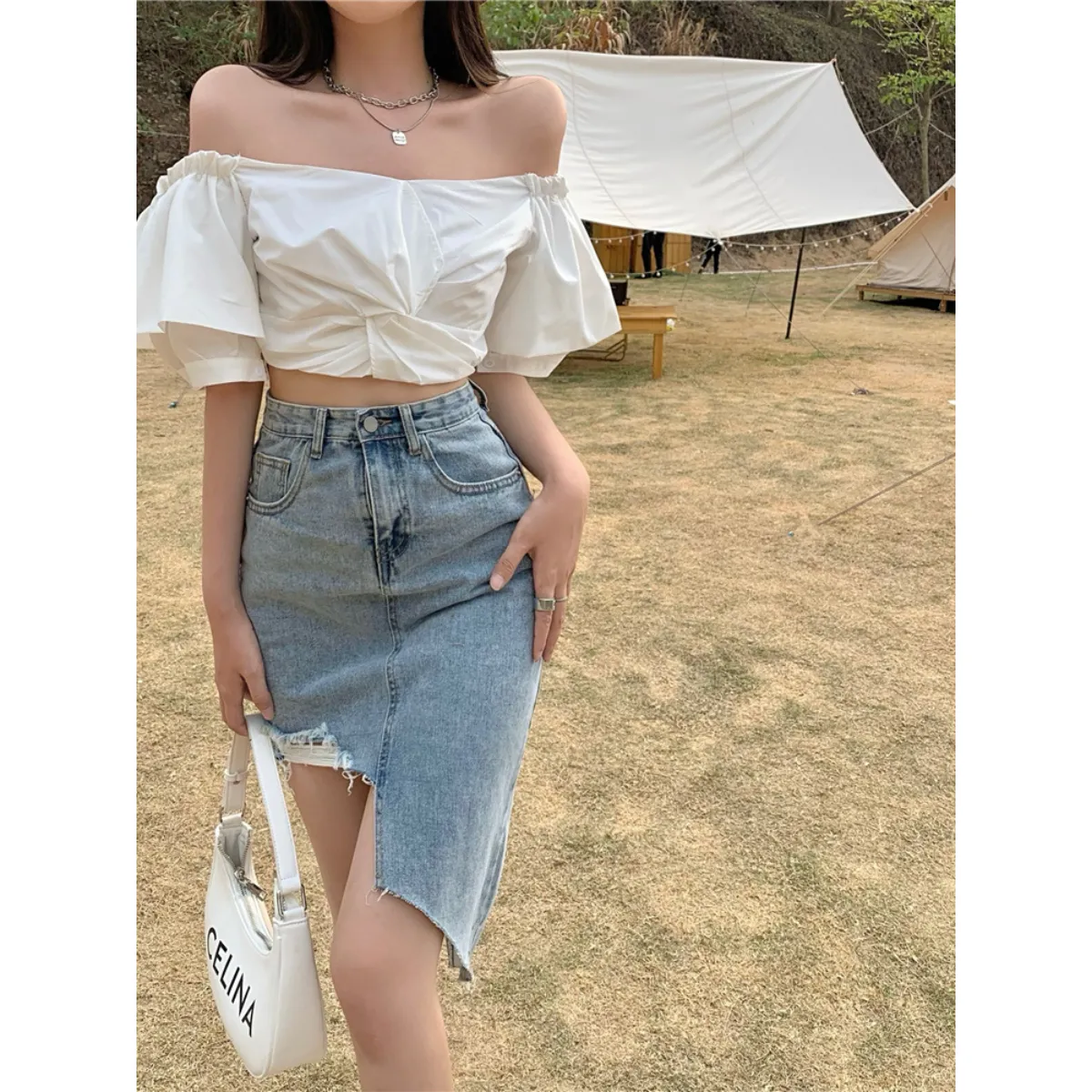 Irregular High Waist Denim Skirt