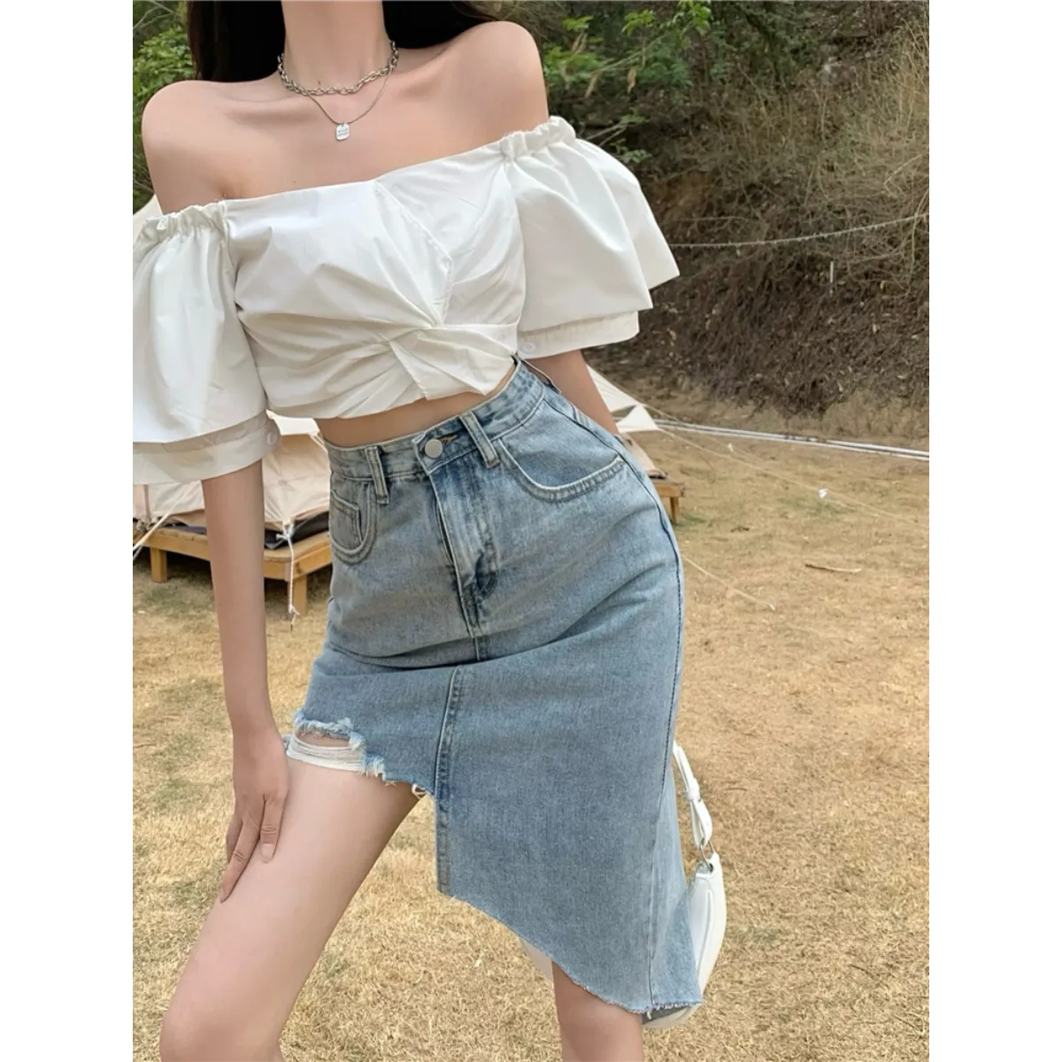 Irregular High Waist Denim Skirt