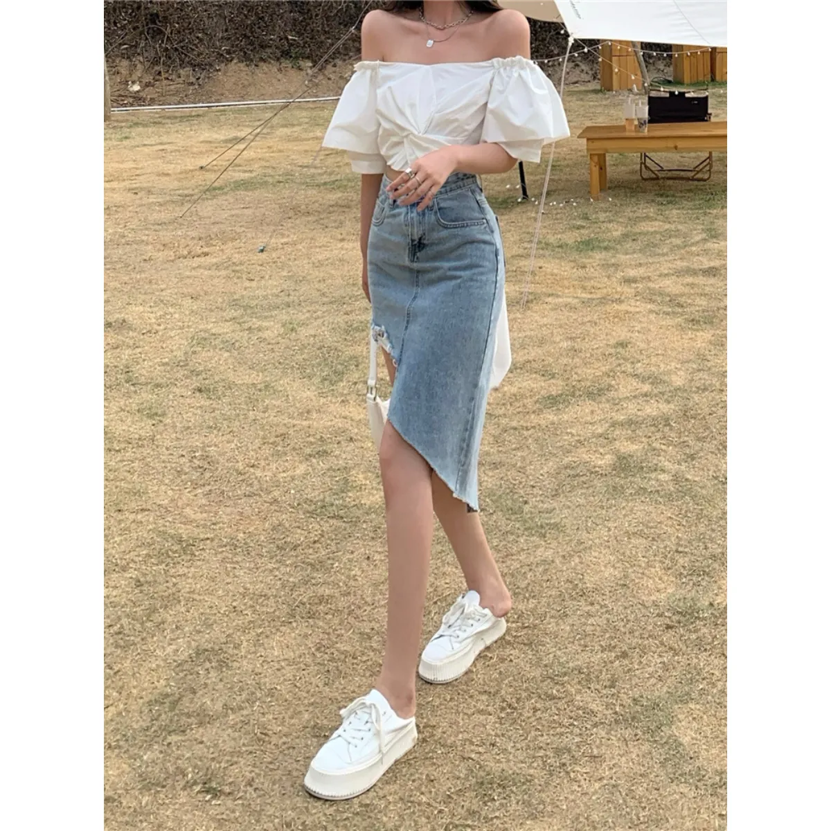 Irregular High Waist Denim Skirt