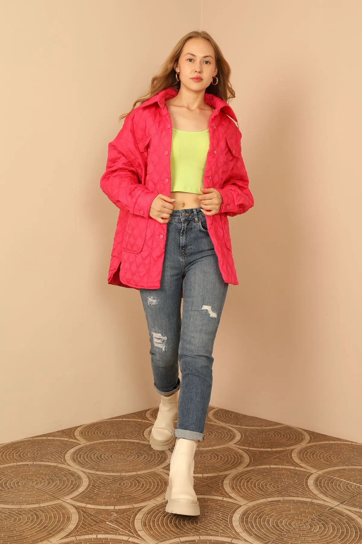 KKT Quilted Fabric Double Stitch Pattern Women Coats-Fuchia - Athis-Mons
