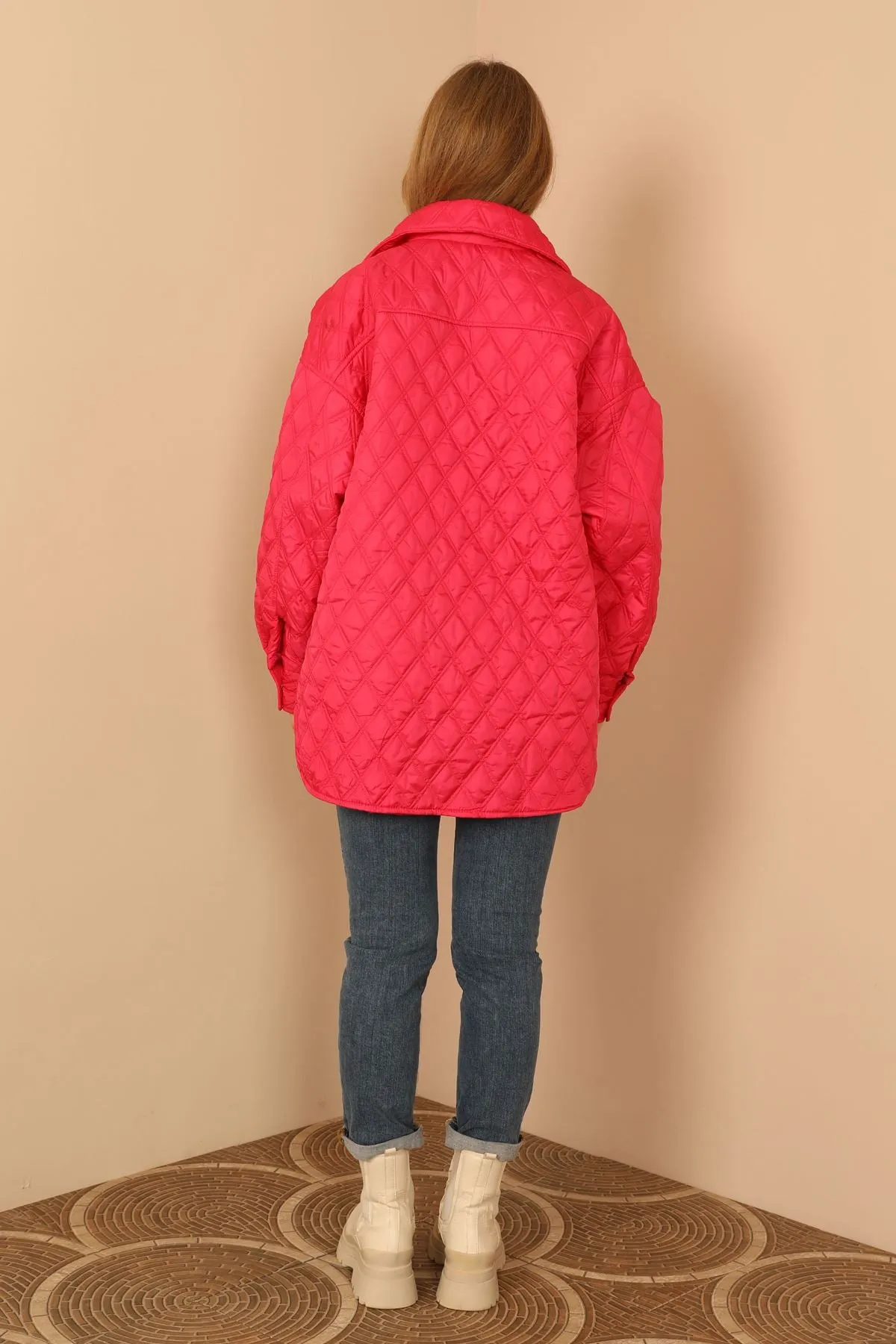 KKT Quilted Fabric Double Stitch Pattern Women Coats-Fuchia - Athis-Mons