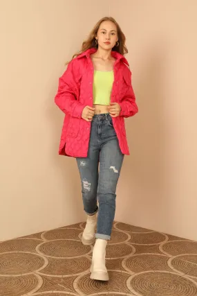 KKT Quilted Fabric Double Stitch Pattern Women Coats-Fuchia - Athis-Mons