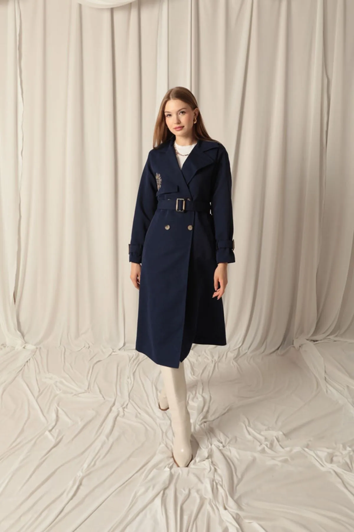 KKT Torino Fabric Embroidered Women's Navy Blue Trench Coat - Manzanillo