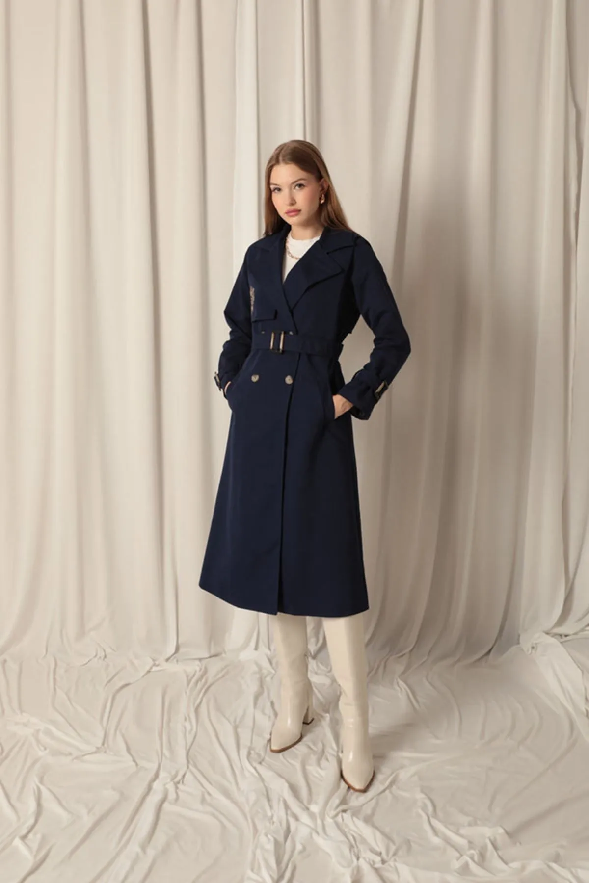 KKT Torino Fabric Embroidered Women's Navy Blue Trench Coat - Manzanillo