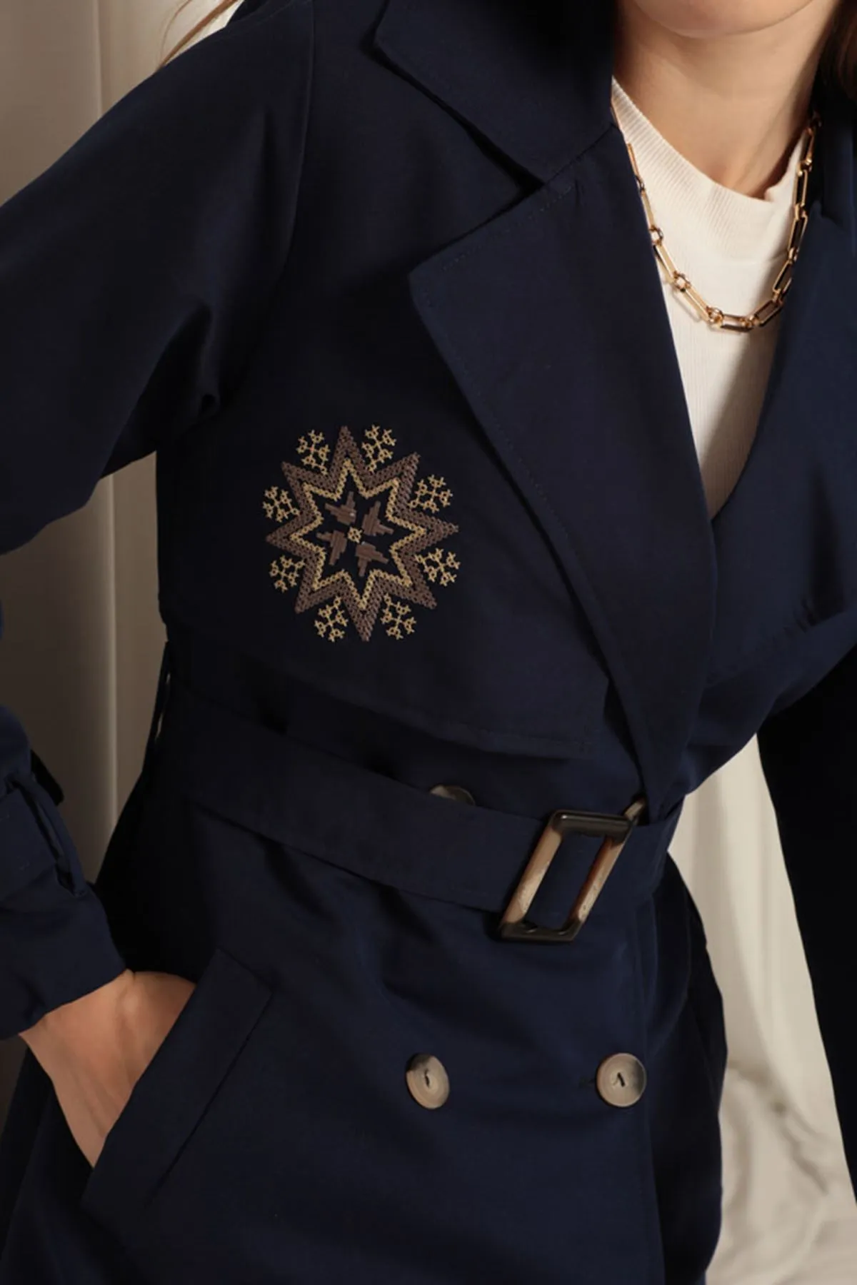 KKT Torino Fabric Embroidered Women's Navy Blue Trench Coat - Manzanillo
